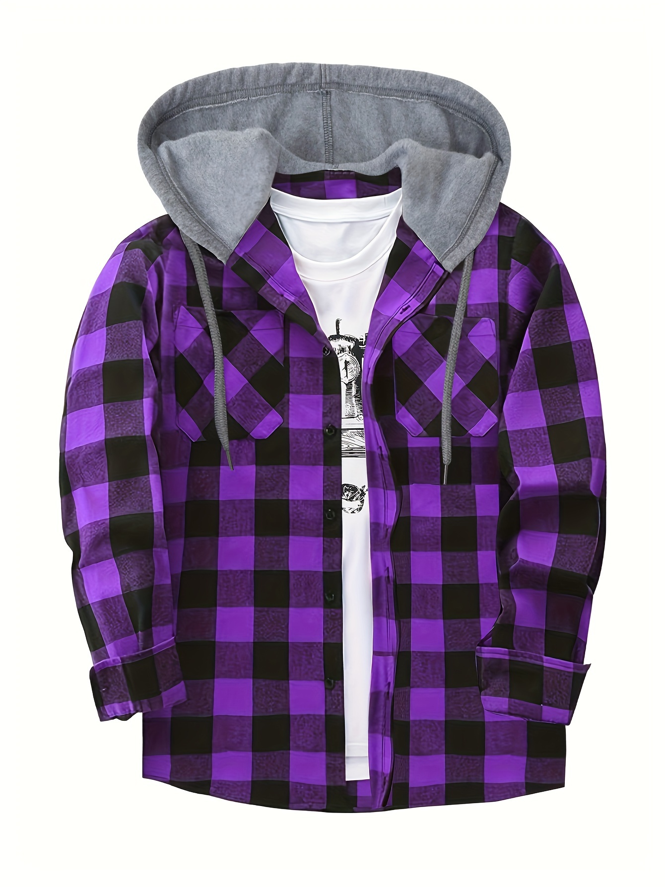 Long Sleeve Casual Regular Fit Button Up Hooded Shirts Jacket, Plaid Shirt Coat For Men