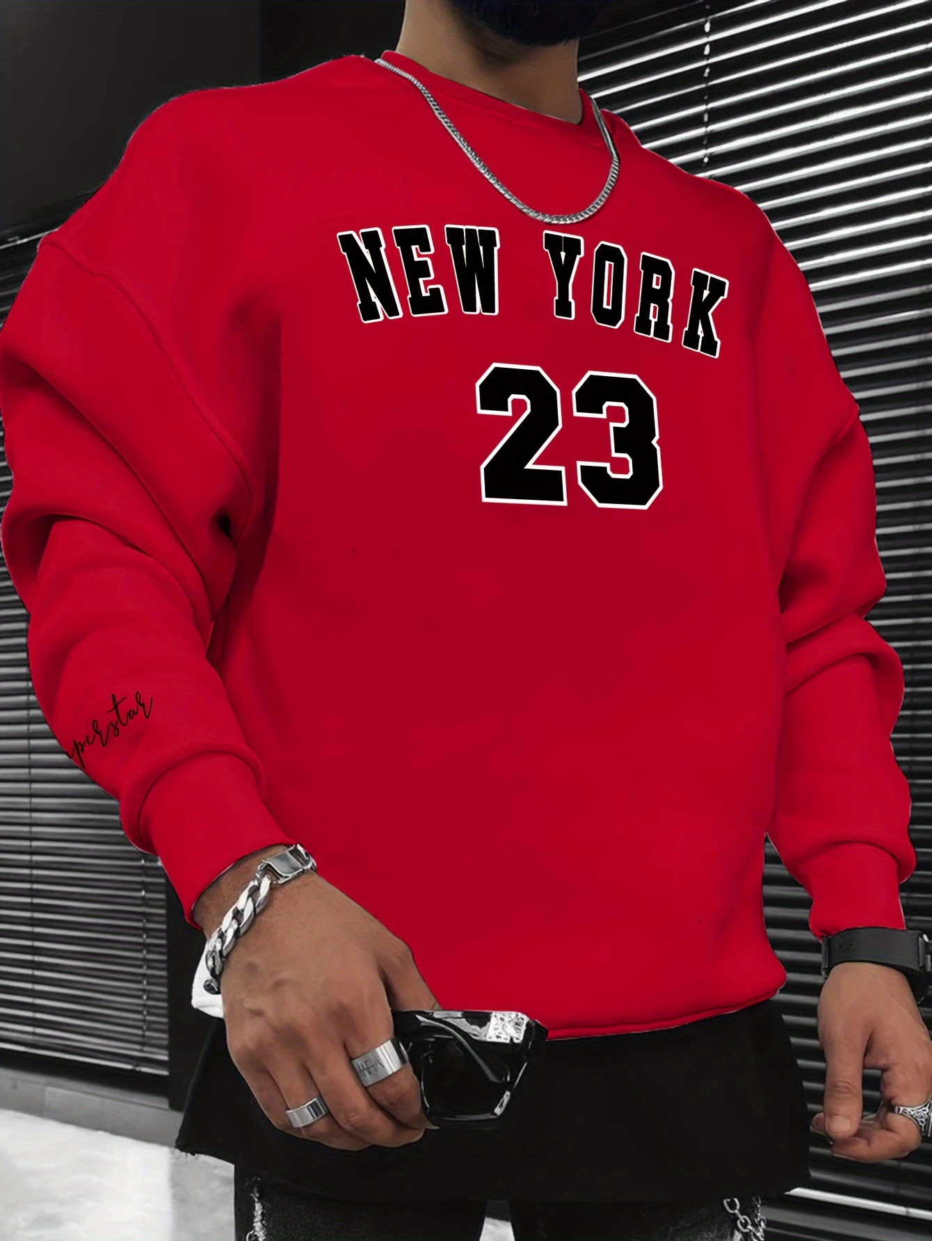 NEW YORK 23 Print Fashionable Men’s Casual Long Sleeve Crew Neck Pullover Sweatshirt, Suitable For Outdoor Sports, For Autumn Spring, Can Be Paired With Hip-hop Necklace, As Gifts