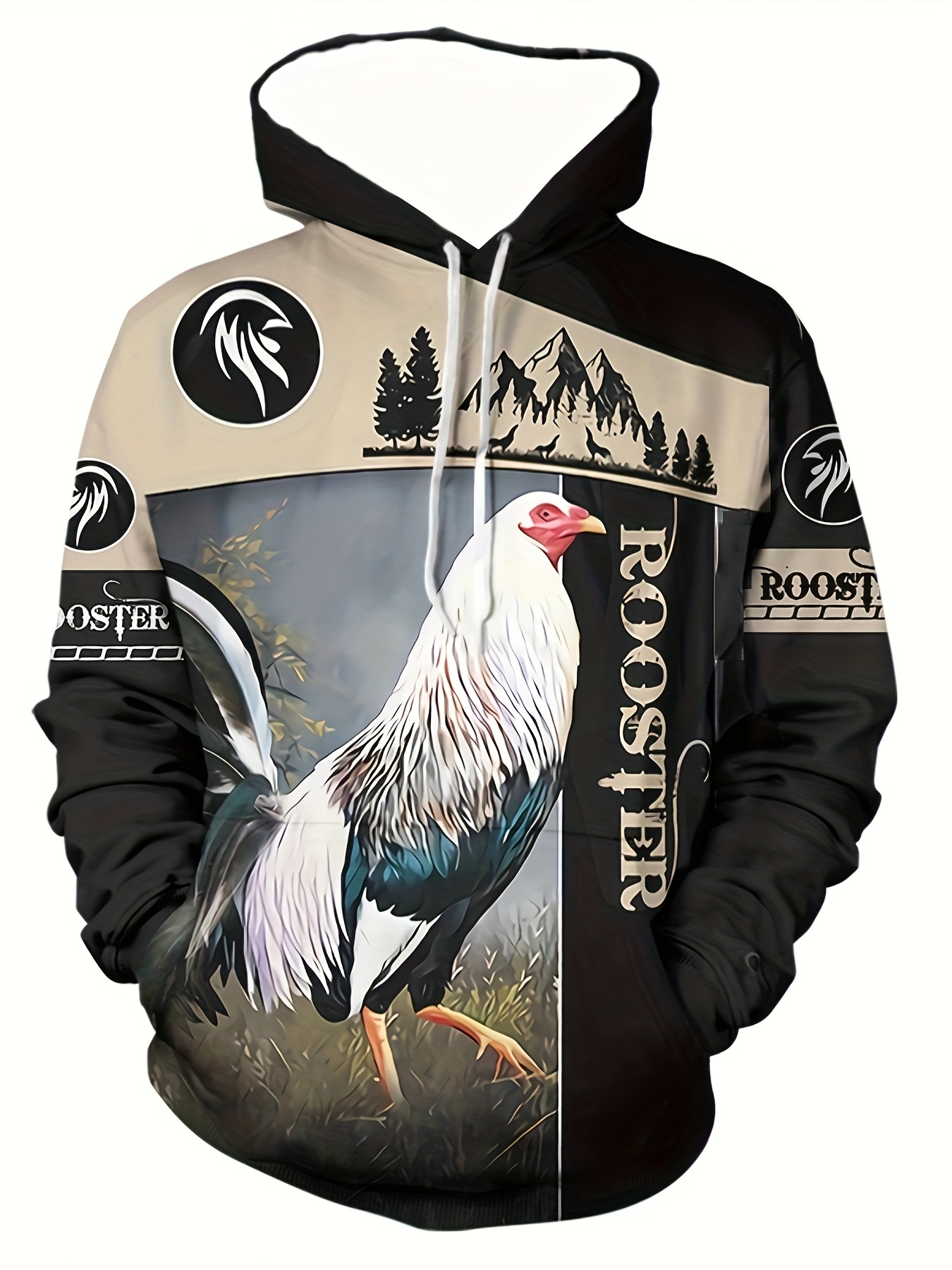 Rooster Print Hoodie, Cool Hoodies For Men, Men’s Casual Graphic Design Hooded Sweatshirt Streetwear For Winter Fall, As Gifts