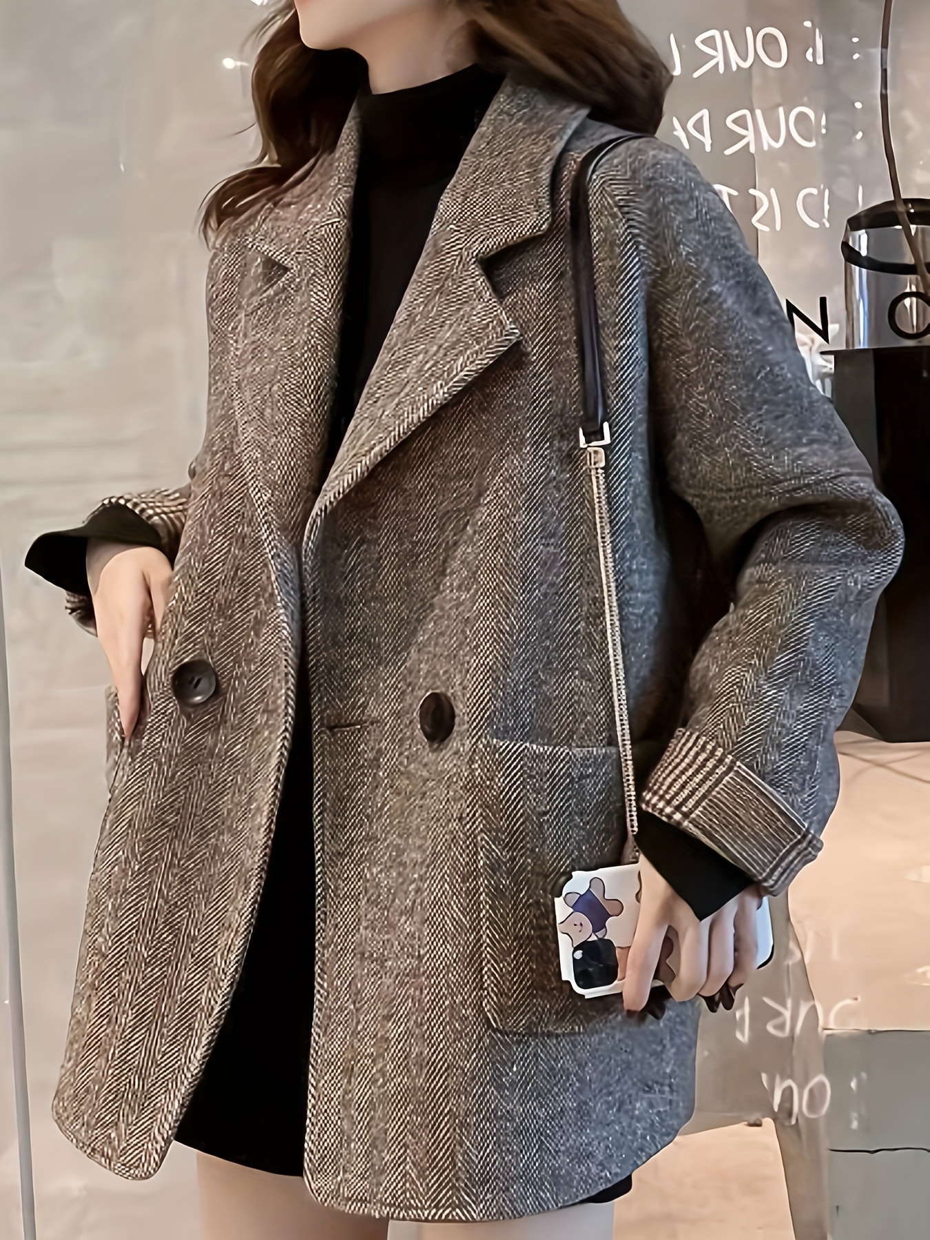 Herringbone Button Front Blazer, Elegant Lapel Long Sleeve Blazer For Office & Work, Women’s Clothing