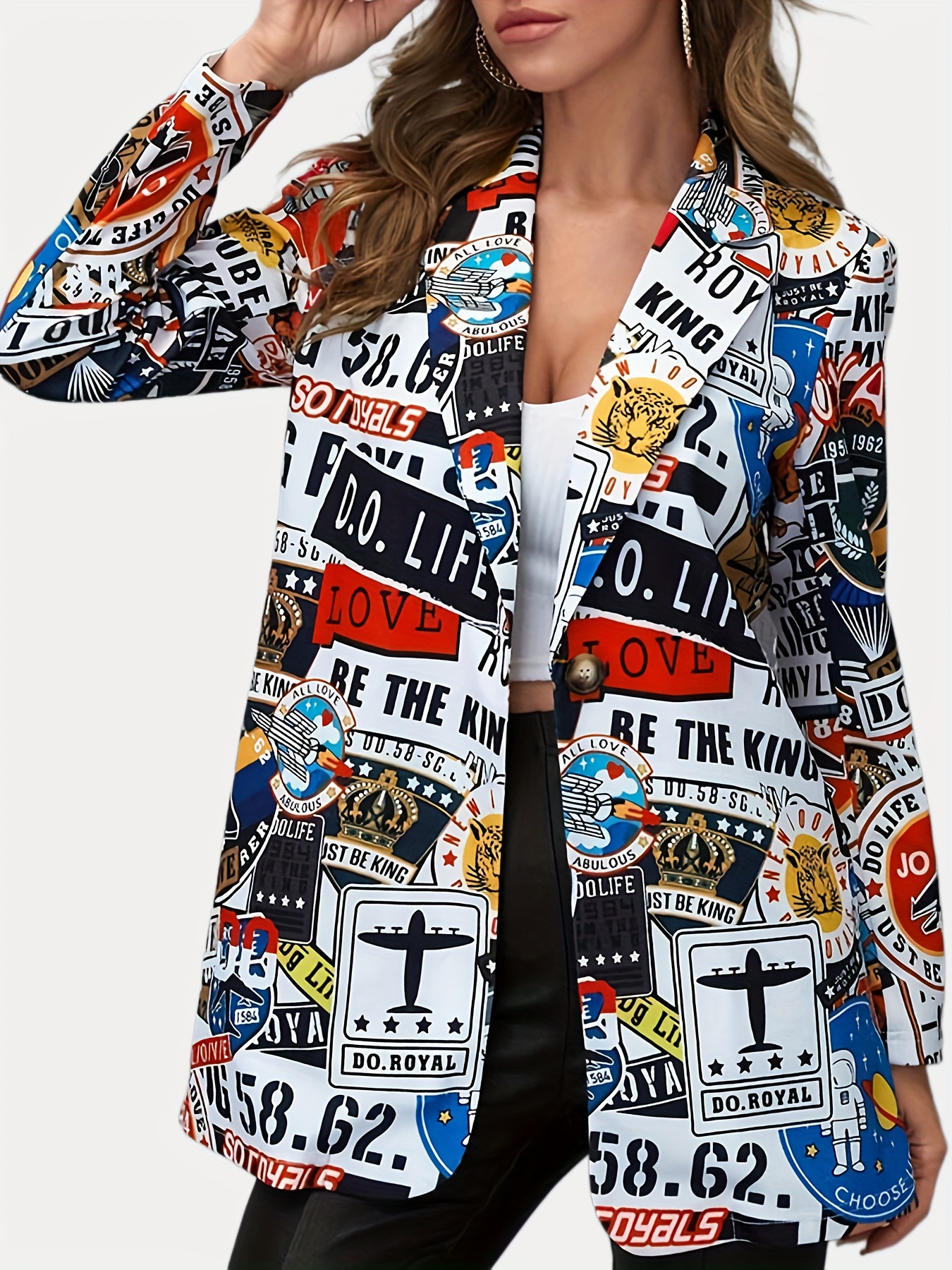 Funny Graphic Print Blazer, Casual Lapel Long Sleeve Blazer For Spring & Fall, Women’s Clothing