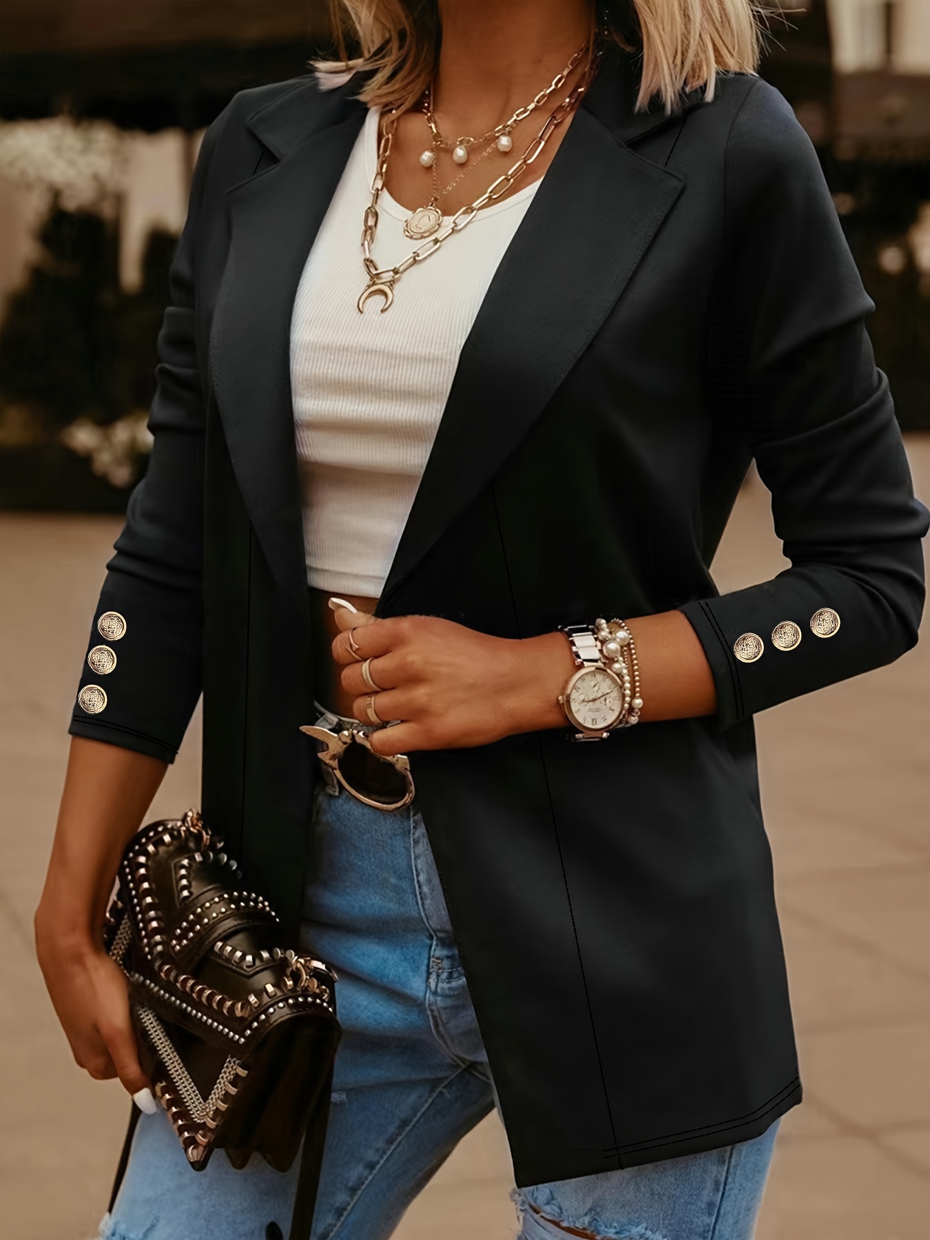 Solid Open Front Lapel Blazer, Elegant Button Decor Long Sleeve Blazer For Office & Work, Women’s Clothing
