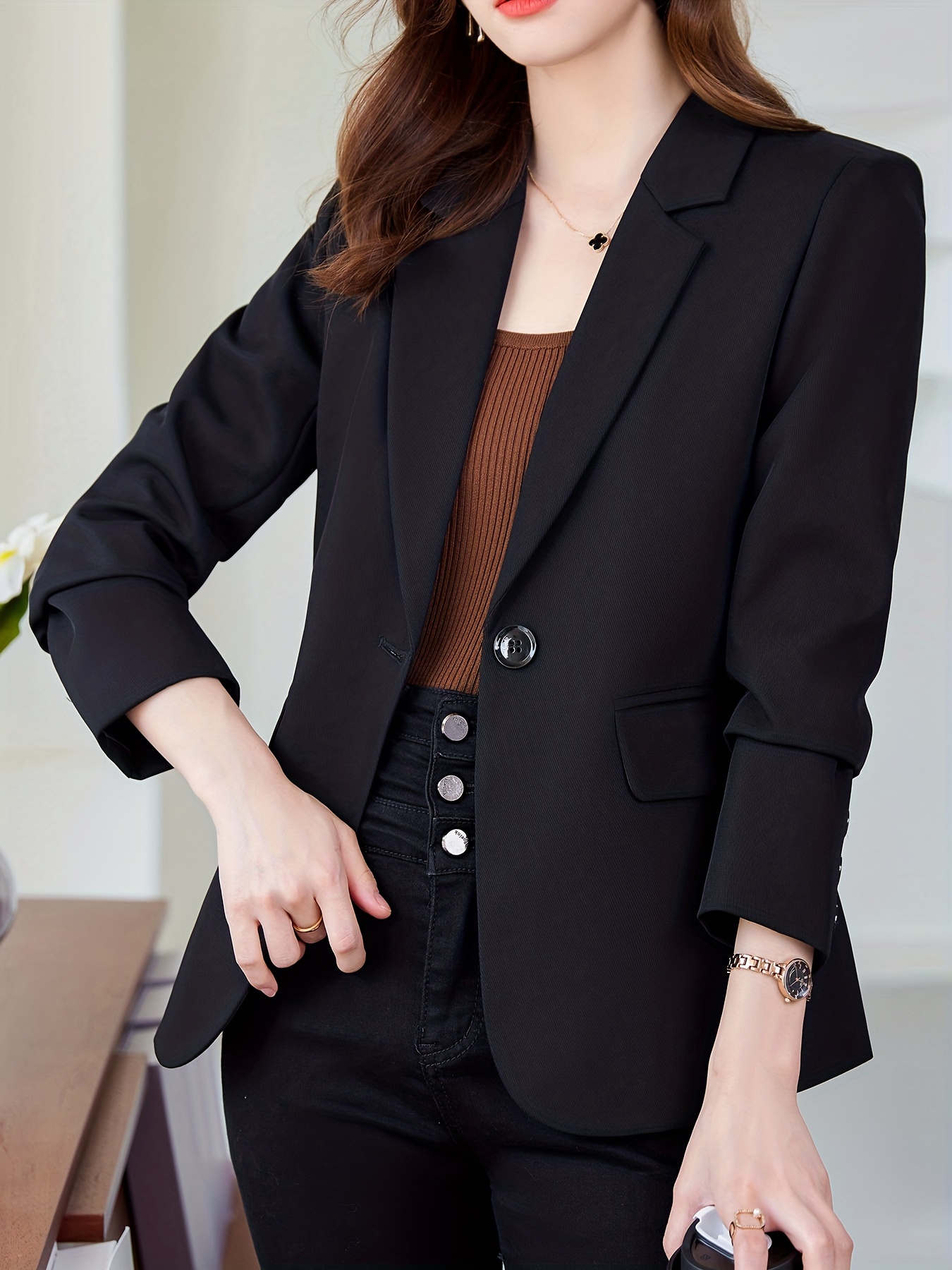 Solid Button Front Blazer, Casual Long Sleeve Lapel Blazer For Office, Women’s Clothing