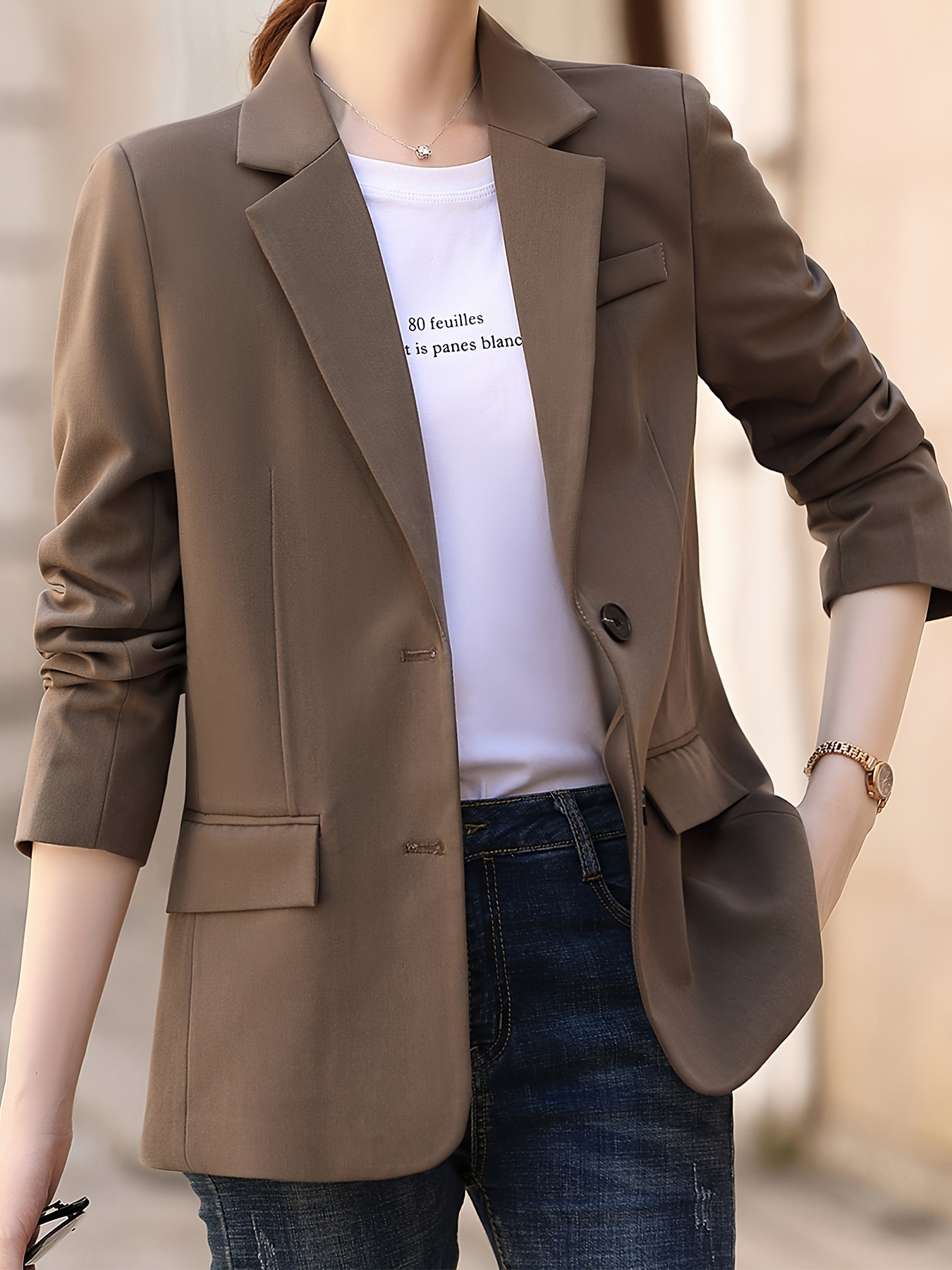Single Breasted Lapel Neck Blazer, Casual Solid Long Sleeve Blazer For Office & Work, Women’s Clothing