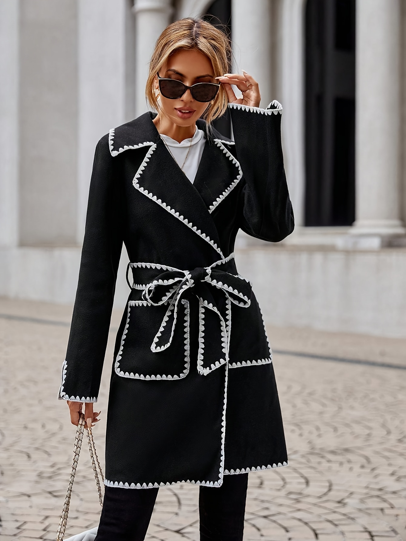 Contrast Trim Belted Lapel Overcoat, Elegant Long Sleeve Pockets Outwear For Fall & Winter, Women’s Clothing