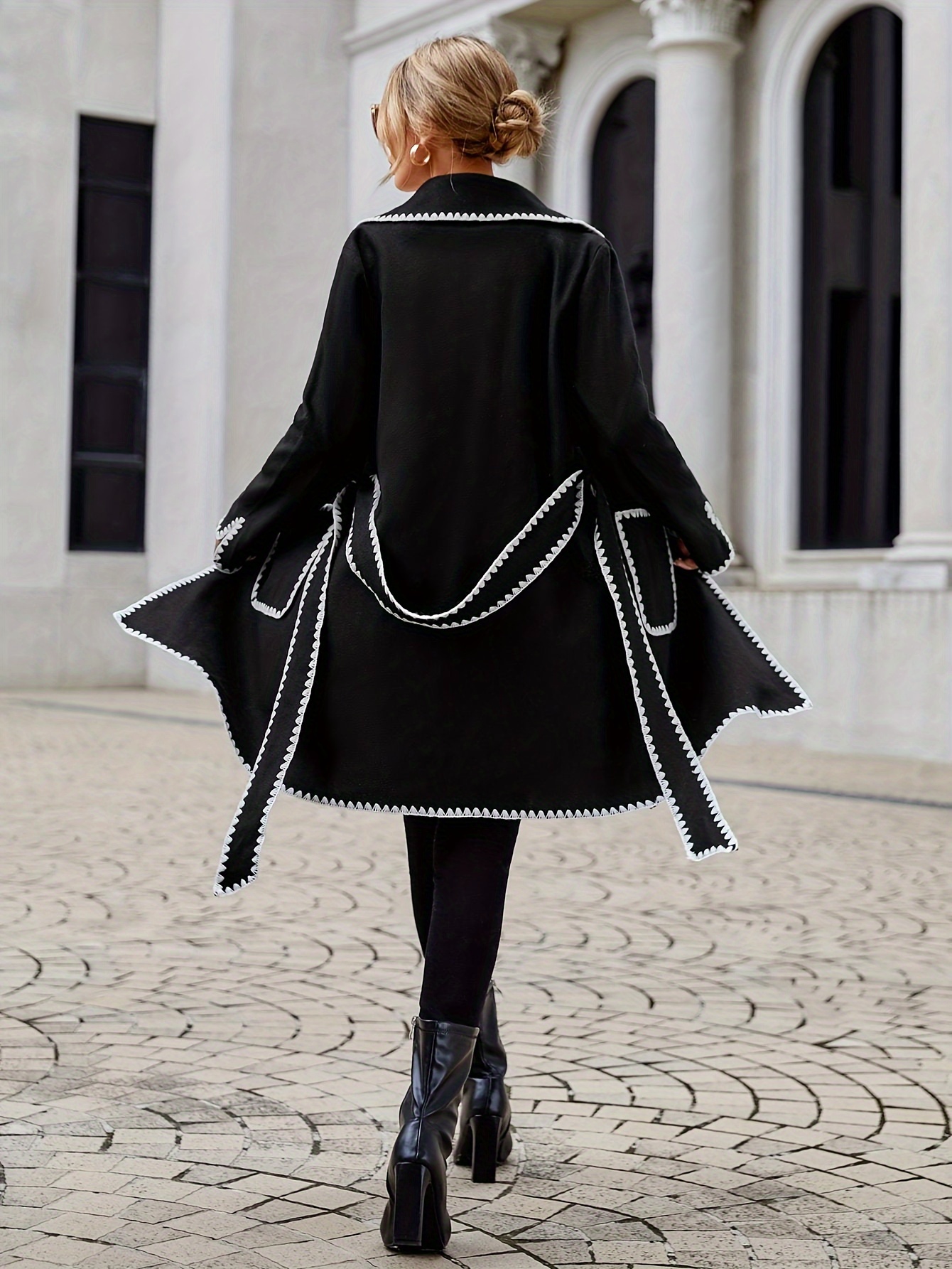 Contrast Trim Belted Lapel Overcoat, Elegant Long Sleeve Pockets Outwear For Fall & Winter, Women’s Clothing