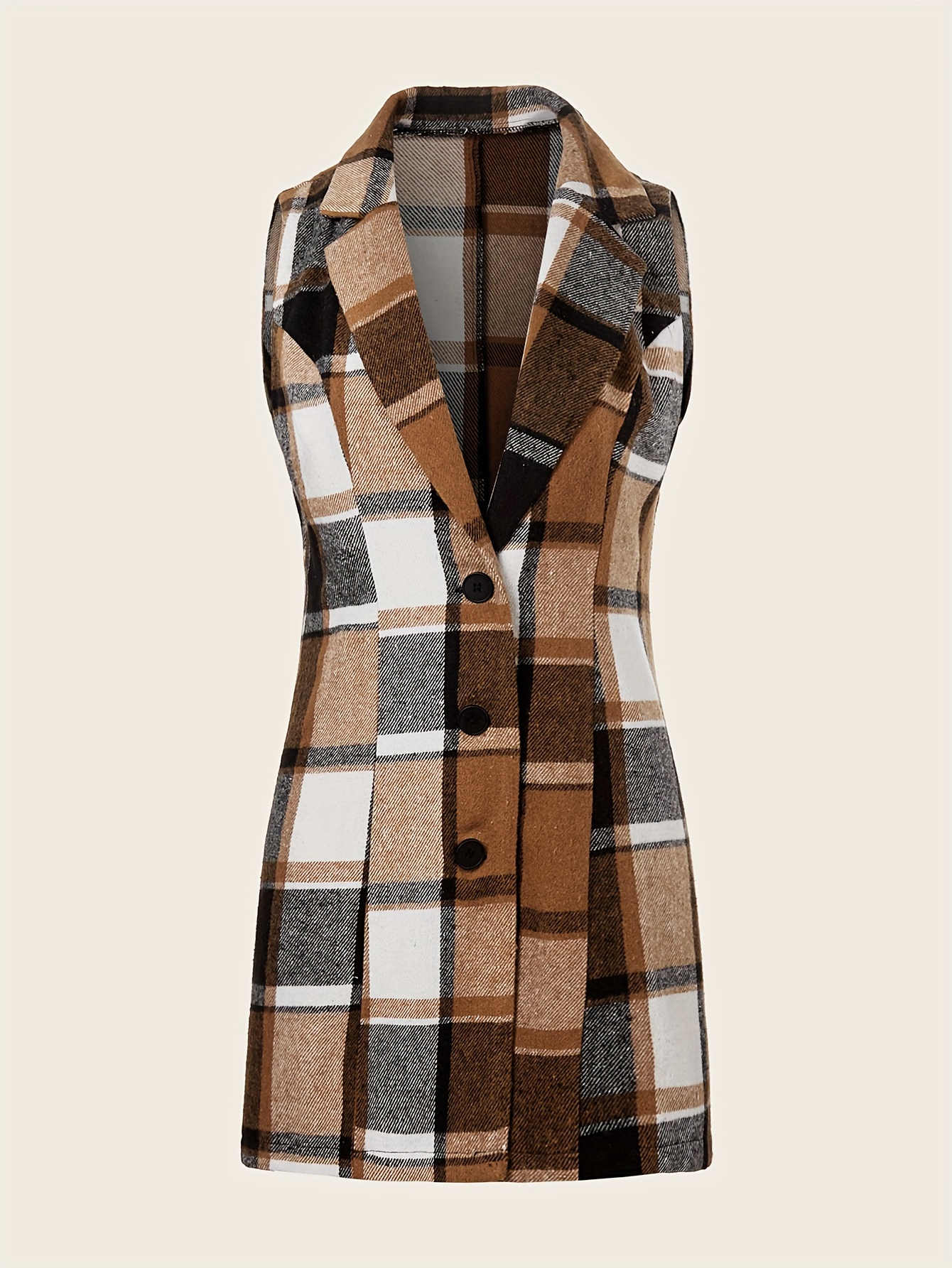 Plaid Sleeveless Lapel Blazer, Casual Single Breasted Outerwear, Women’s Clothing