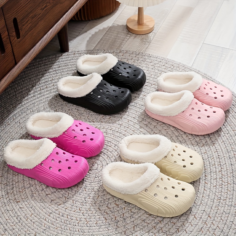 Winter Plush Lined Clogs, Solid Color Hollow Out Closed Toe Slip On Shoes, Cozy & Warm Home Slippers