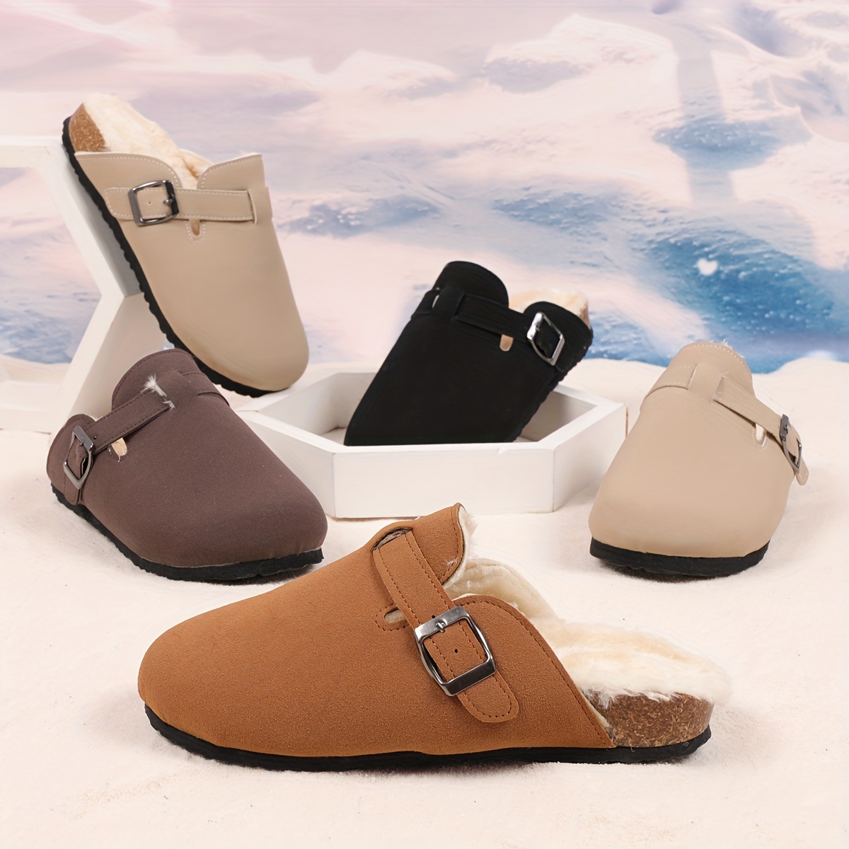 Women’s Buckle Strap Detailed Mules, Casual Slip On Plush Lined Shoes, Comfortable Flat Winter Shoes