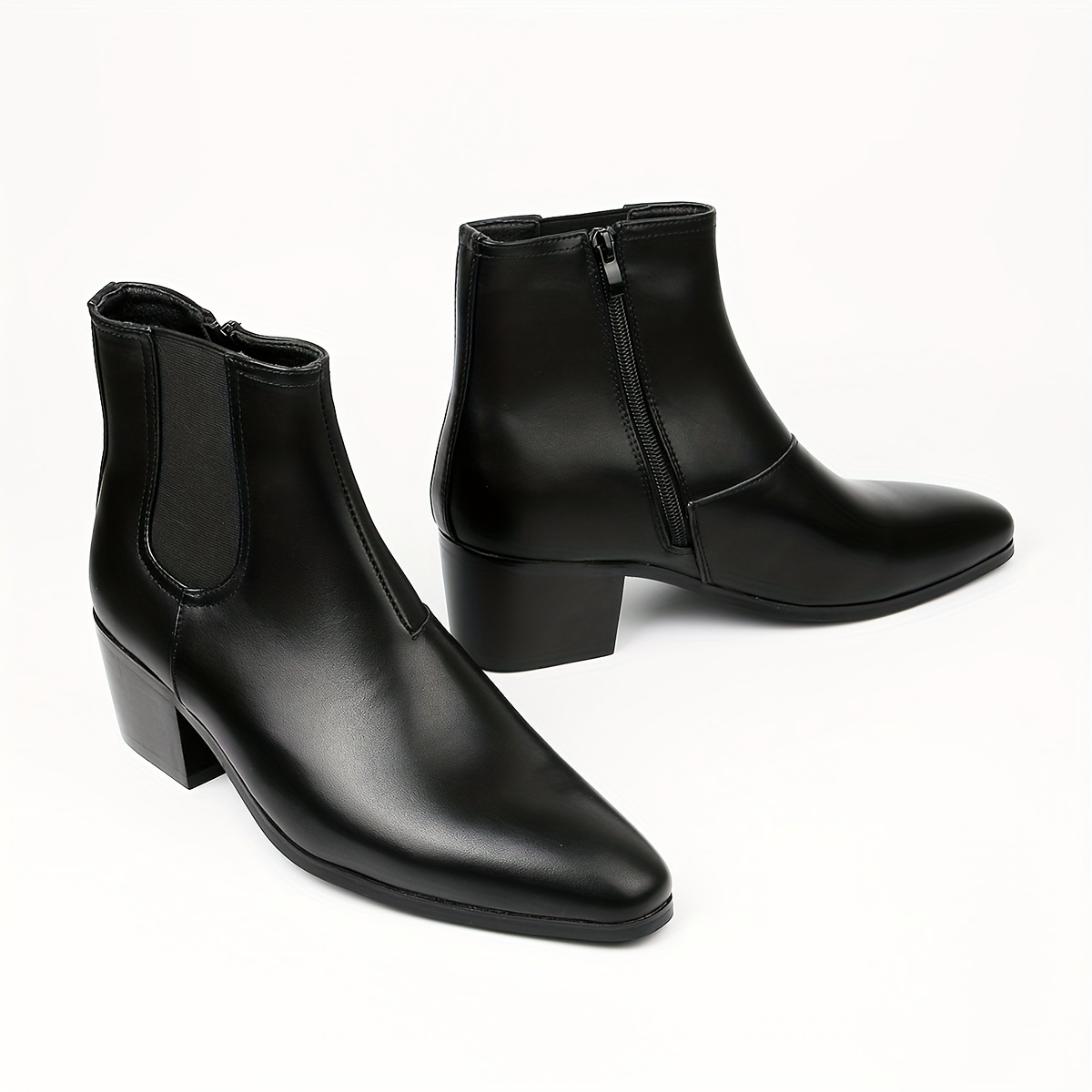 Men’s High Heel Solid Colour Zip Up Chelsea Boots, Comfy Non Slip Rubber Sole Durable Shoes For Men’s Outdoor Activities