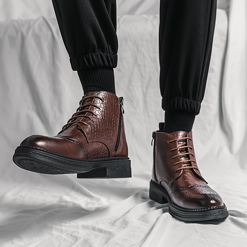 Men’s Solid Color Vintage Wingtip Brogue Toe High Top Derby Boots, Comfy Non Slip Rubber Sole Durable Walking Shoes, Men’s Footwear