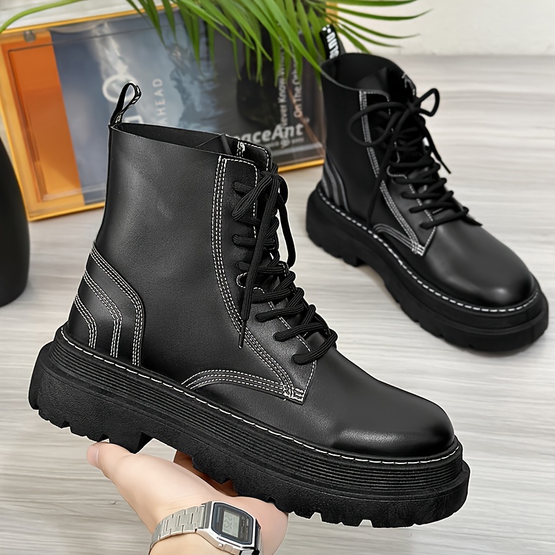 Men’s Solid Color Elegant High Top Boots, Comfy Non Slip Lace Up Rubber Sole Walking Shoes For Men’s Outdoor Activities