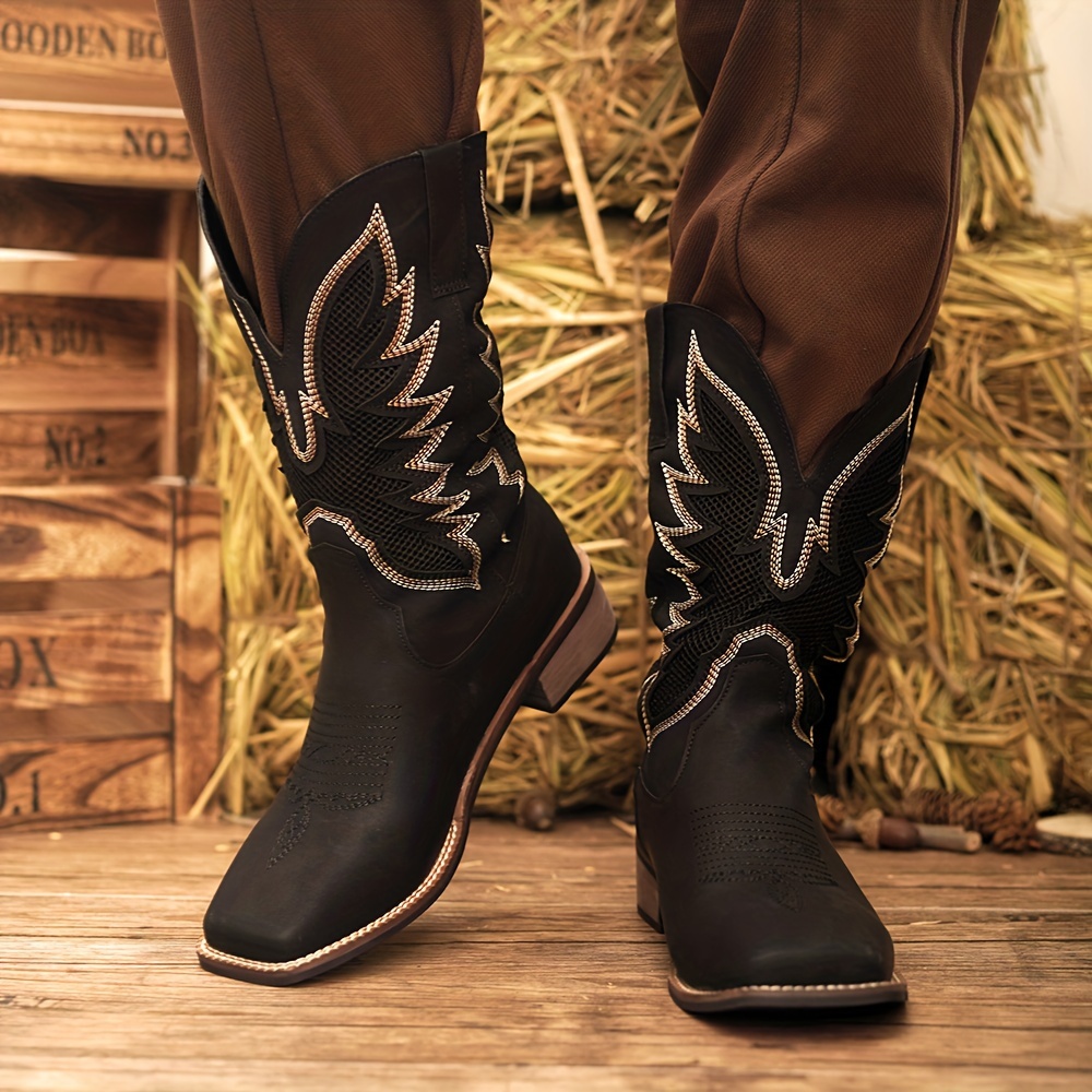 Plus Size Men’s Vintage Retro Embroidered Slip On Knee High Top Cowboy Boots, Comfy Non Slip Casual Durable Rubber Sole Riding Shoes, Men’s Footwear