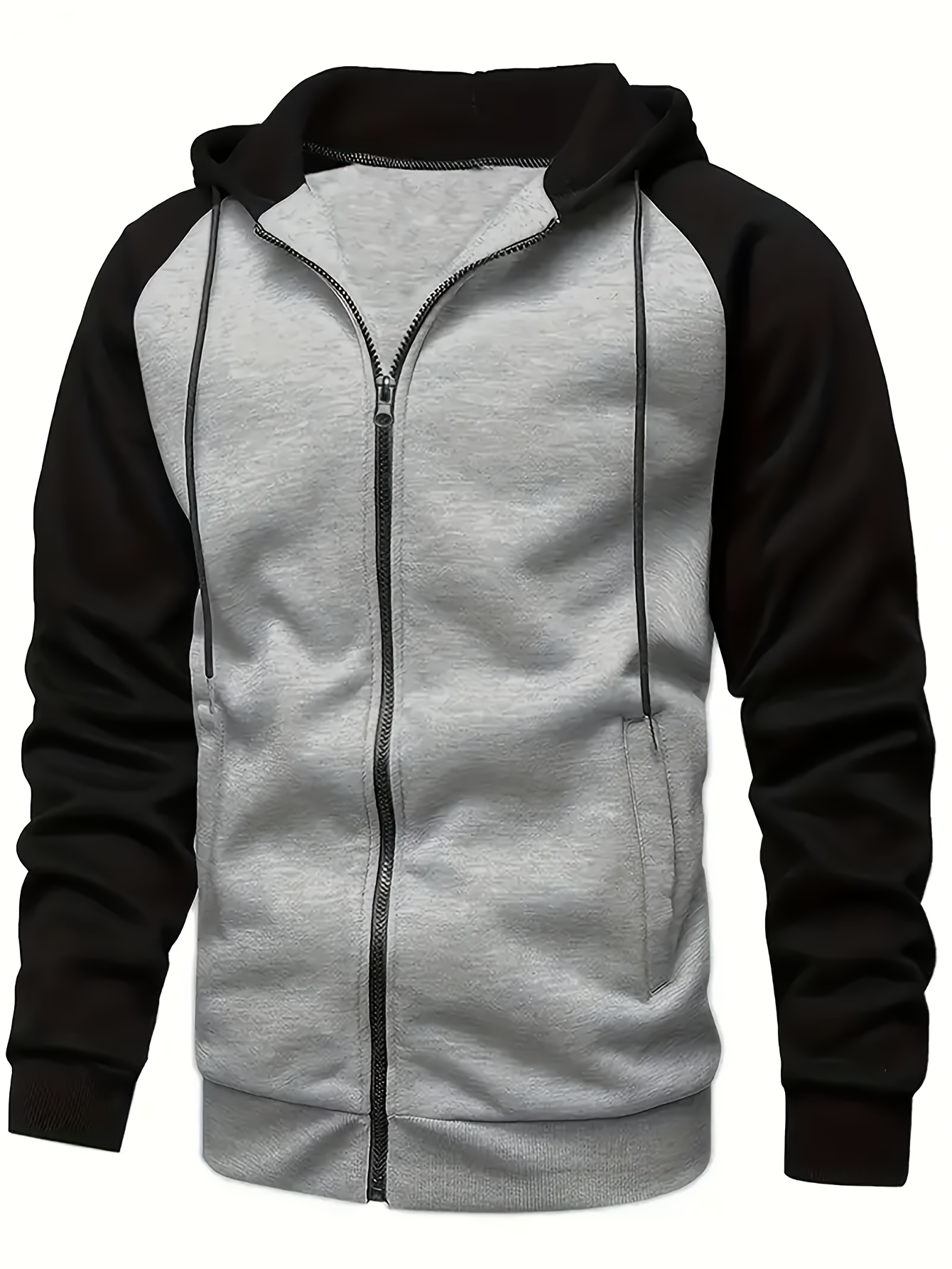 spring and autumn mens color block drawstring hooded long sleeve zip up jacket with pockets workout training details 0