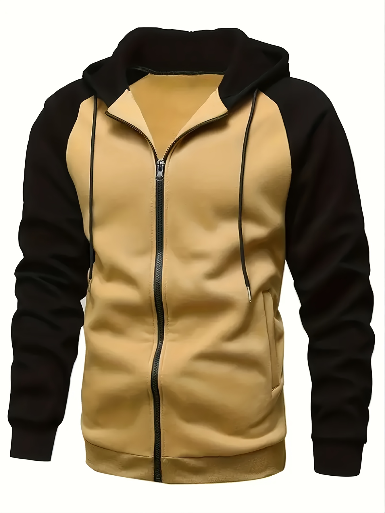 spring and autumn mens color block drawstring hooded long sleeve zip up jacket with pockets workout training details 5