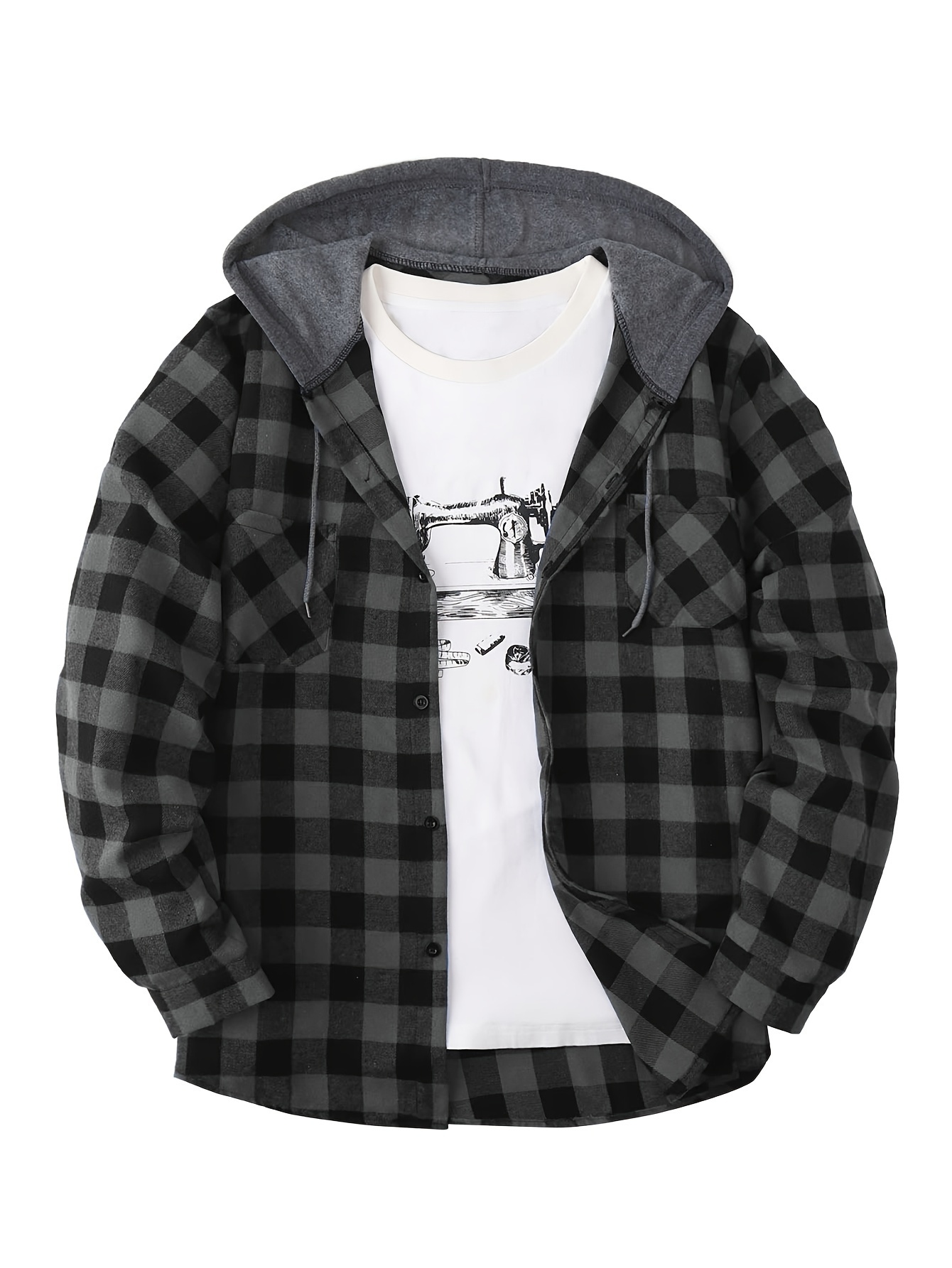 long sleeve casual regular fit button up hooded shirts jacket plaid shirt coat for men details 0