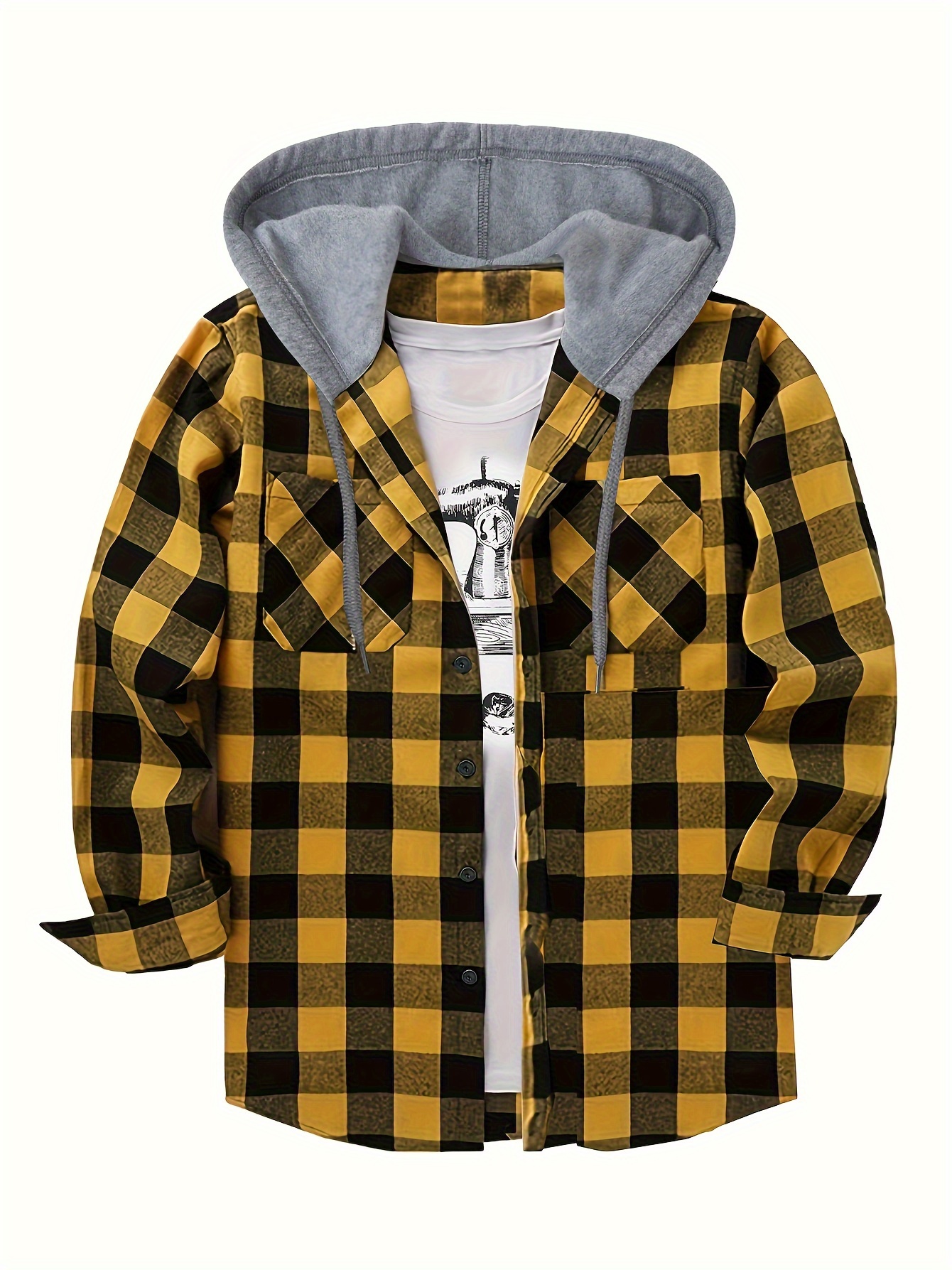 long sleeve casual regular fit button up hooded shirts jacket plaid shirt coat for men details 30