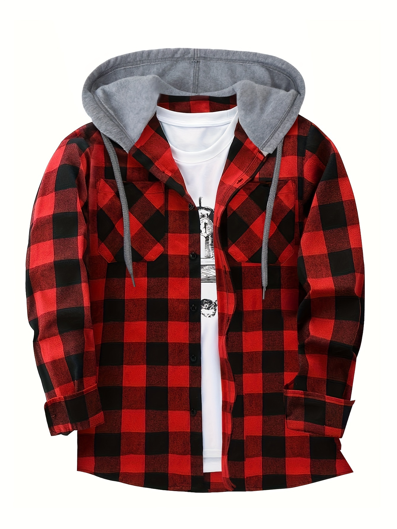 long sleeve casual regular fit button up hooded shirts jacket plaid shirt coat for men details 35
