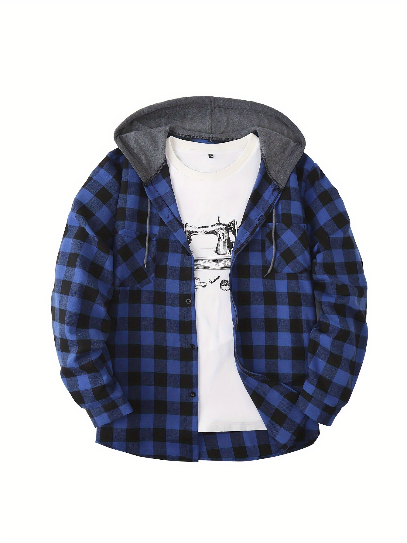 long sleeve casual regular fit button up hooded shirts jacket plaid shirt coat for men details 40