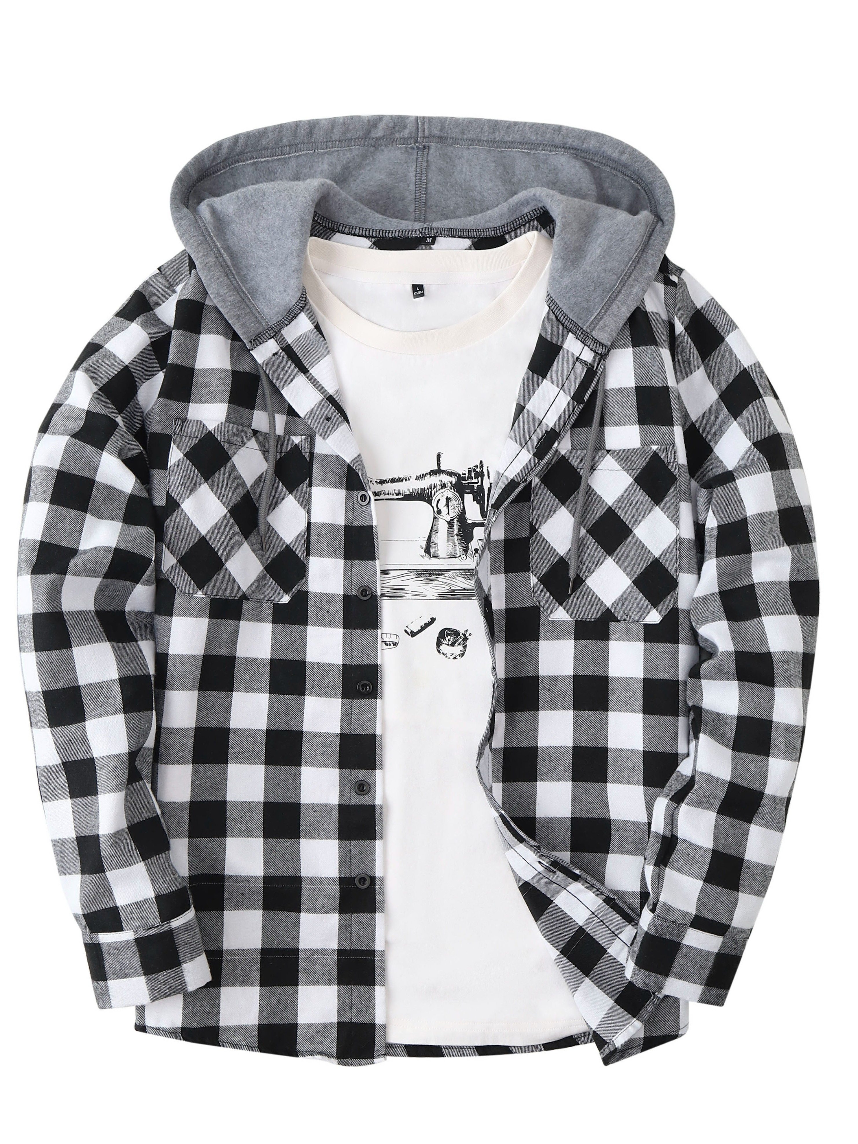 long sleeve casual regular fit button up hooded shirts jacket plaid shirt coat for men details 45