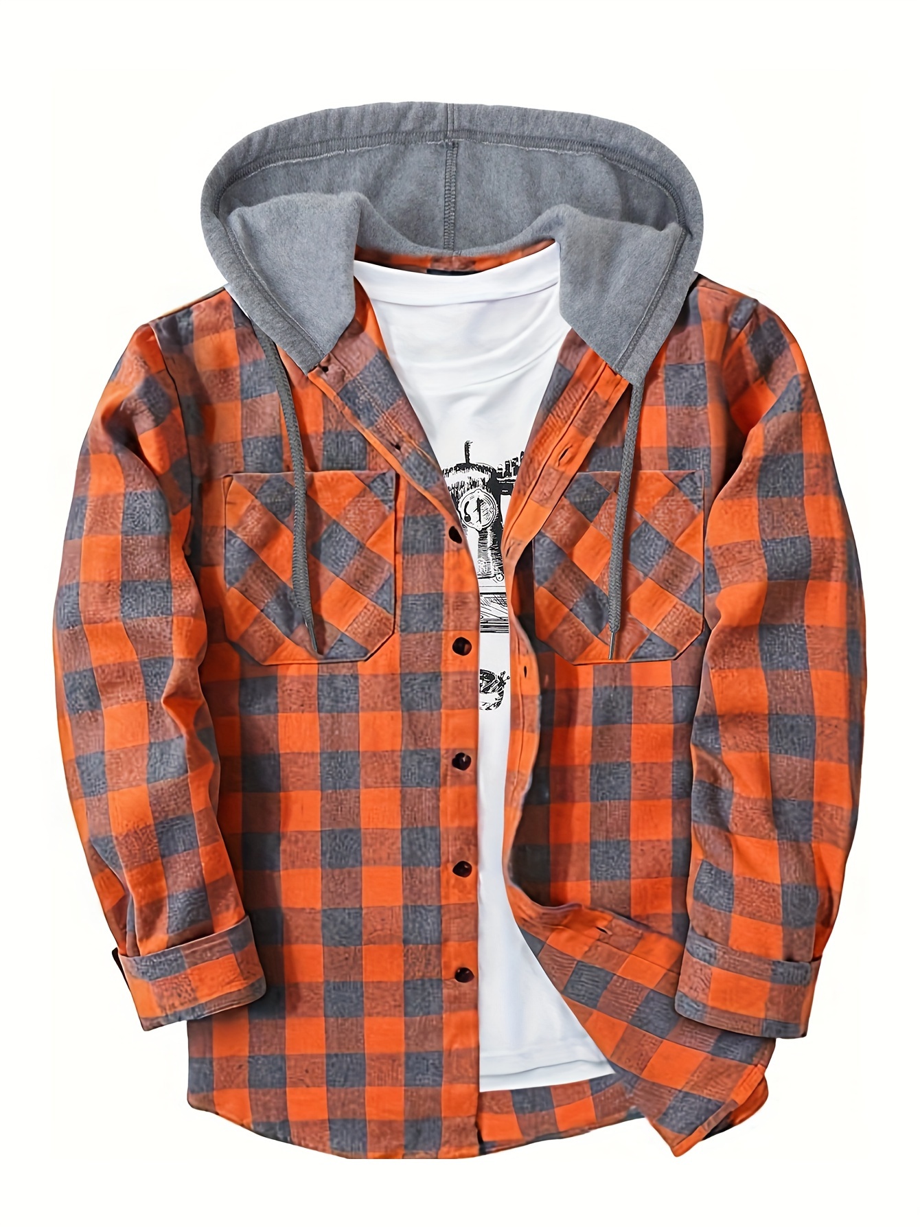 long sleeve casual regular fit button up hooded shirts jacket plaid shirt coat for men details 51