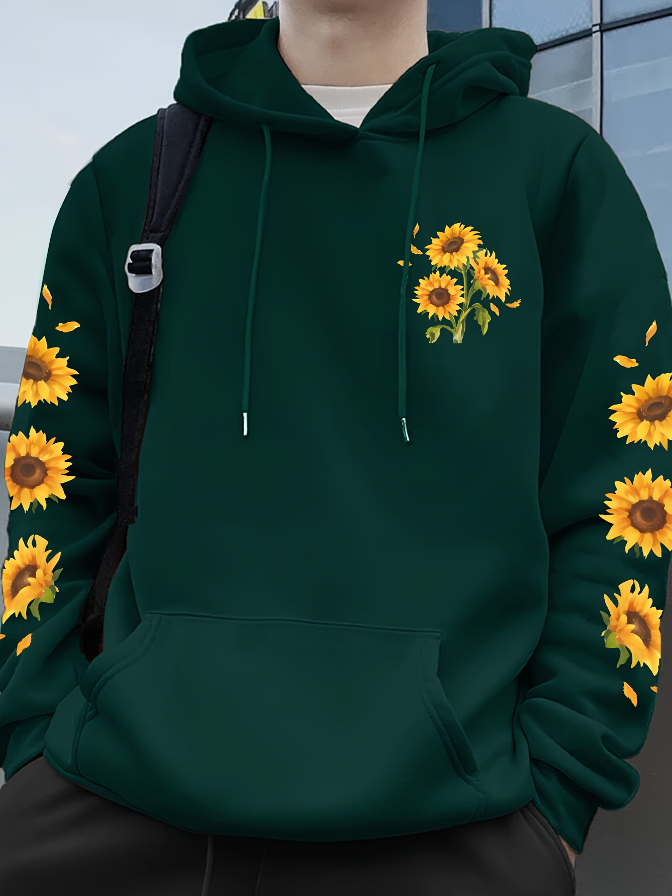 sunflower print mens pullover round neck hoodies with kangaroo pocket long sleeve hooded sweatshirt loose casual top for autumn winter mens clothing as gifts details 0