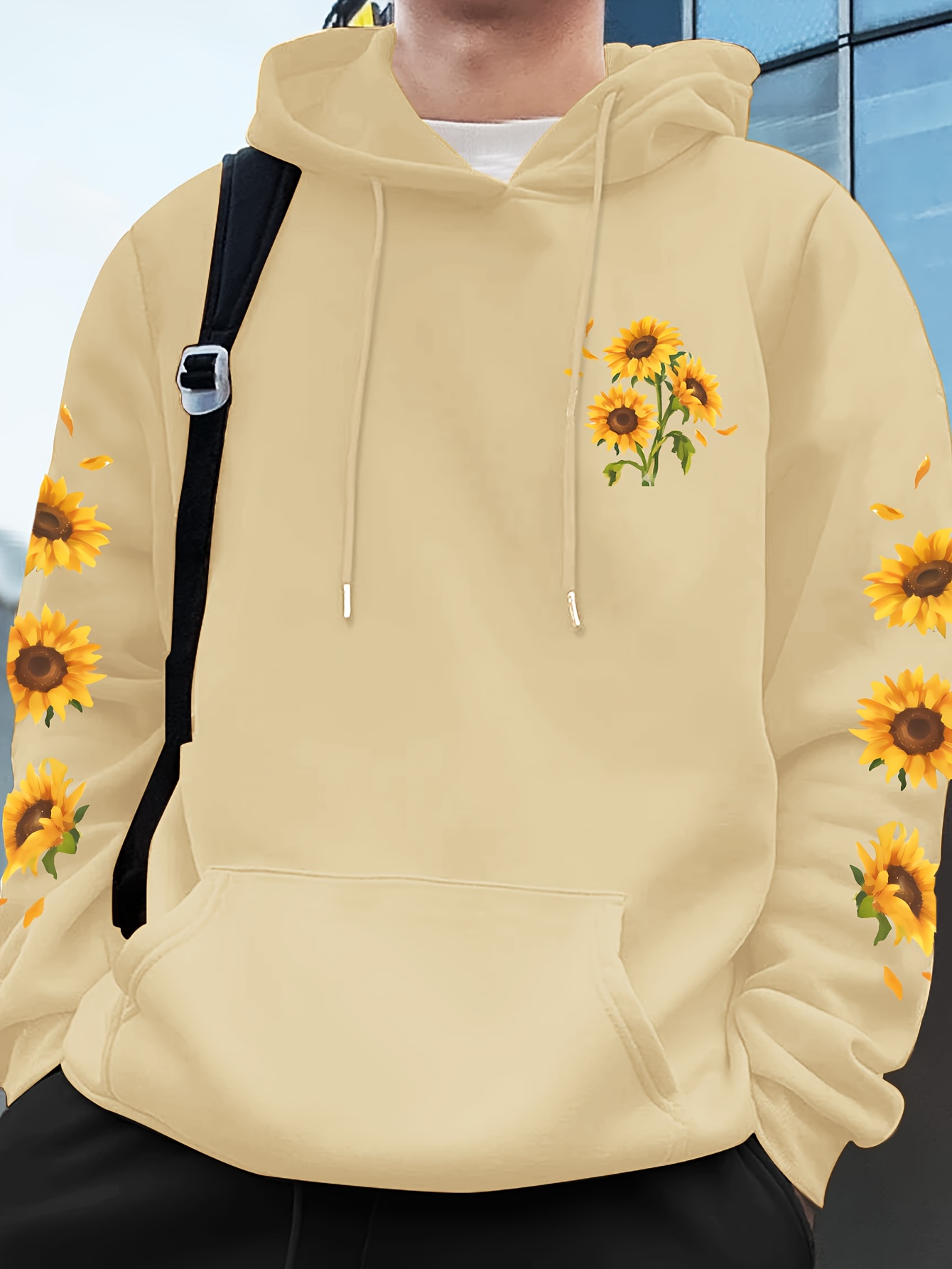 sunflower print mens pullover round neck hoodies with kangaroo pocket long sleeve hooded sweatshirt loose casual top for autumn winter mens clothing as gifts details 5