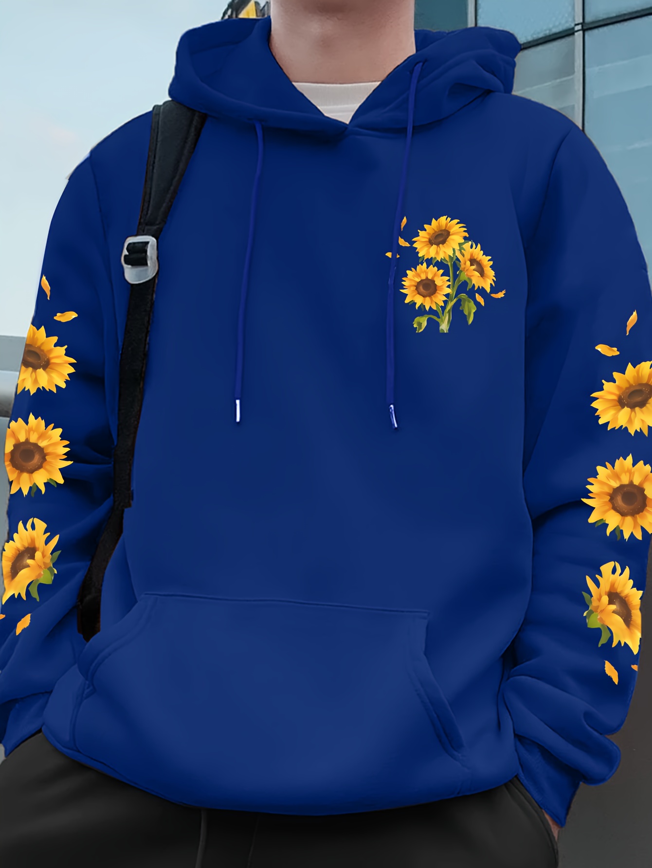 sunflower print mens pullover round neck hoodies with kangaroo pocket long sleeve hooded sweatshirt loose casual top for autumn winter mens clothing as gifts details 20