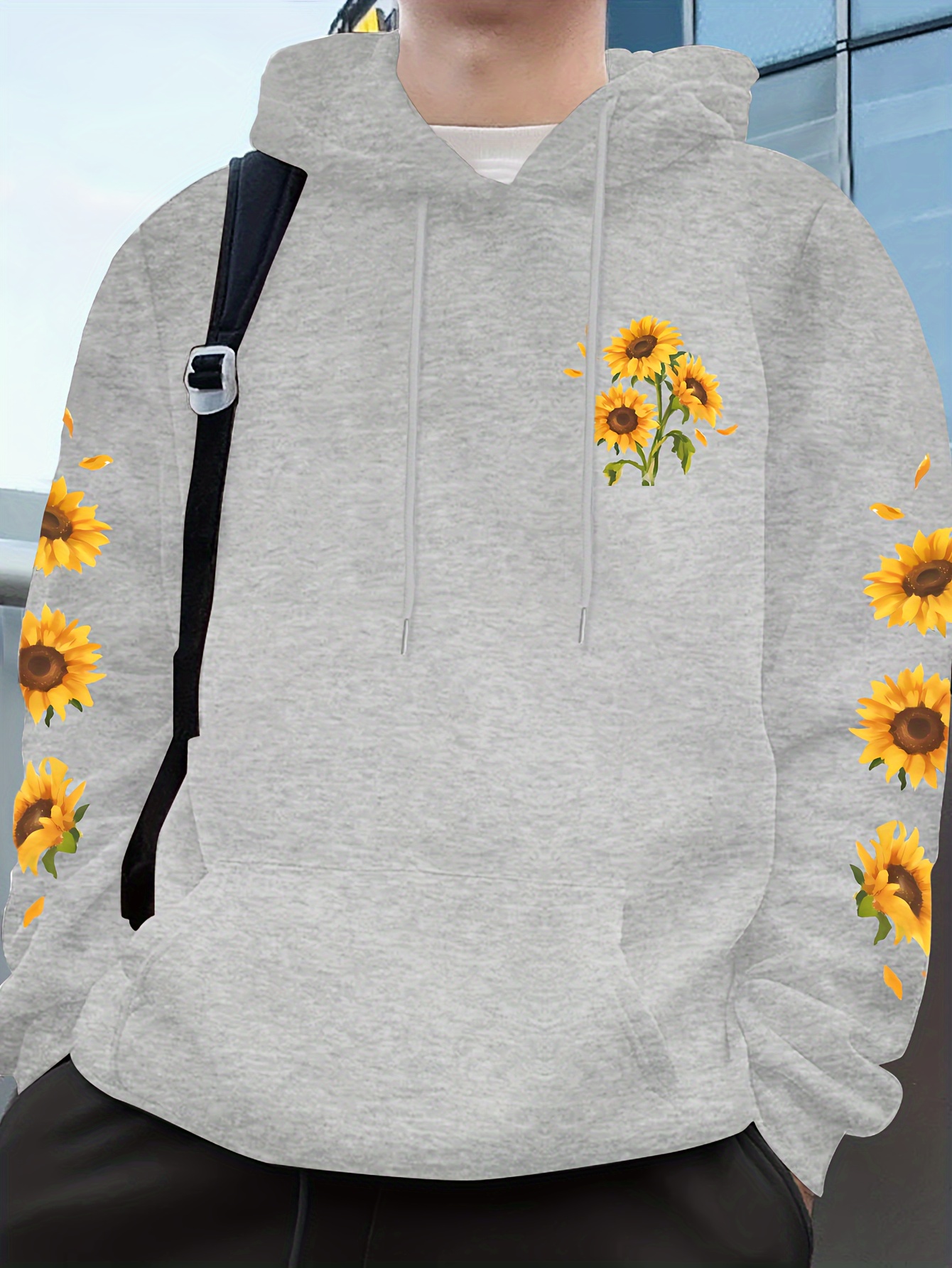 sunflower print mens pullover round neck hoodies with kangaroo pocket long sleeve hooded sweatshirt loose casual top for autumn winter mens clothing as gifts details 25