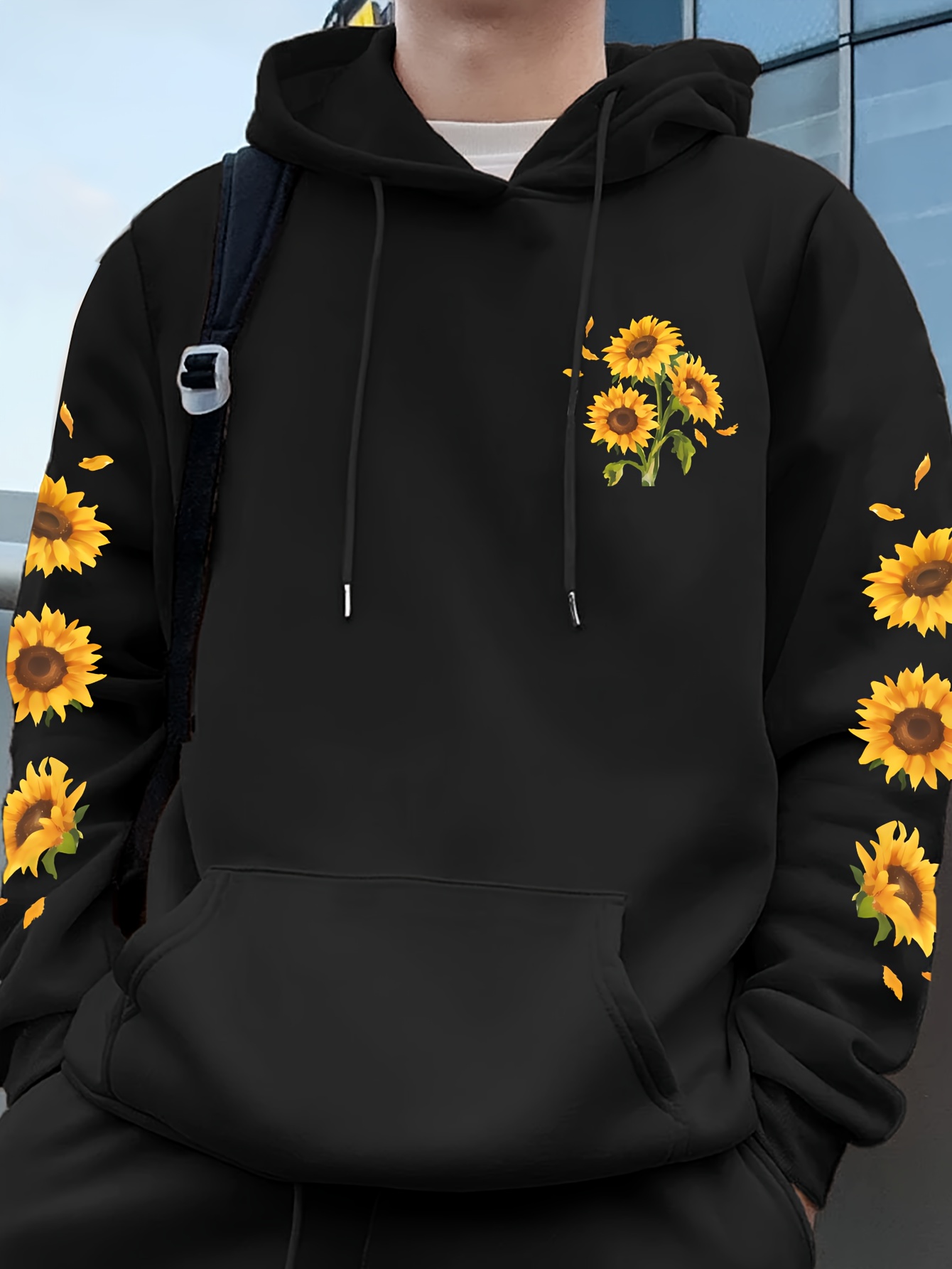 sunflower print mens pullover round neck hoodies with kangaroo pocket long sleeve hooded sweatshirt loose casual top for autumn winter mens clothing as gifts details 31