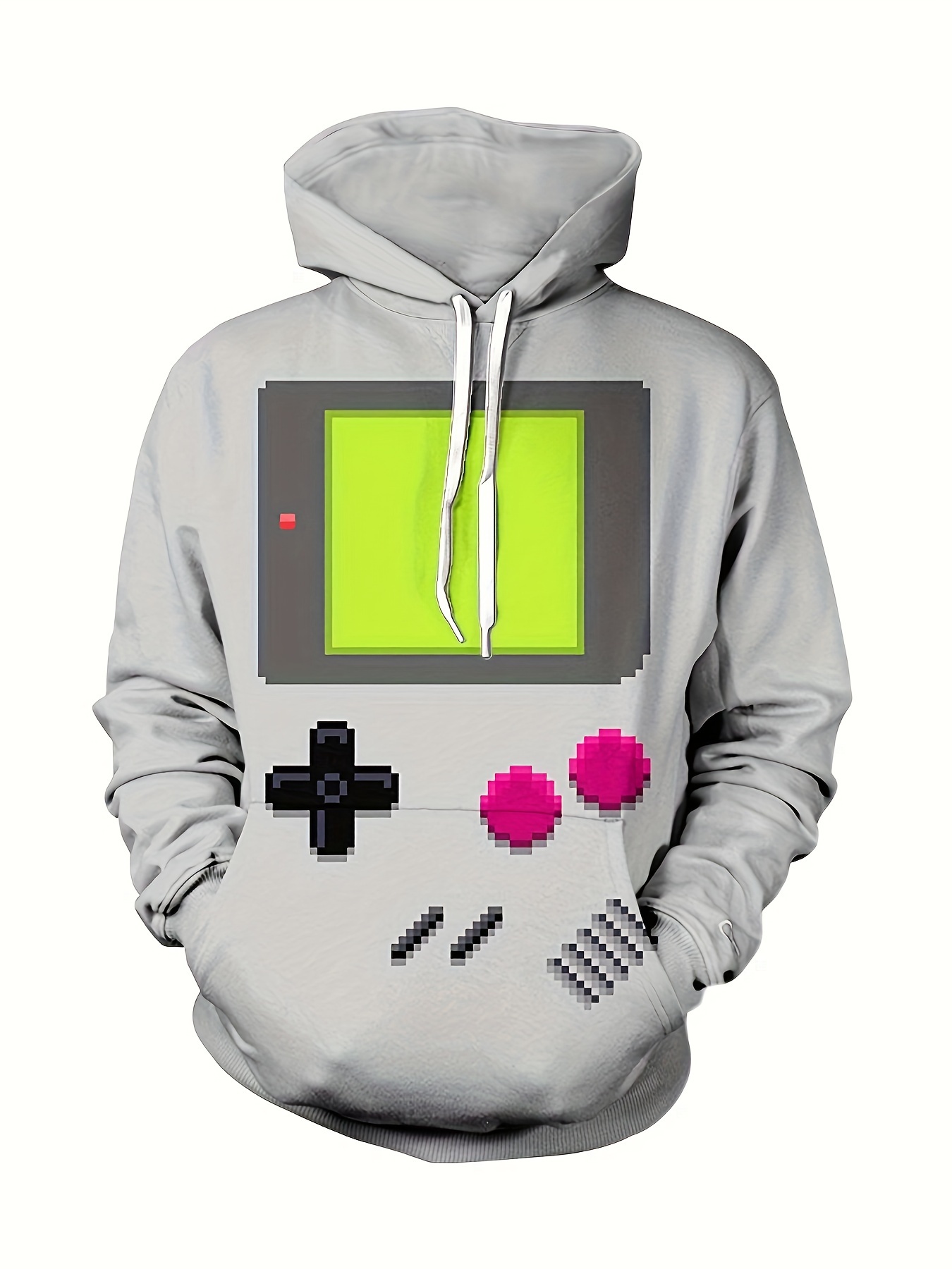 mens casual hoodie with retro game design pullover sweatshirt with kangaroo pocket streetwear for autumn winter perfect gift for gamers details 1