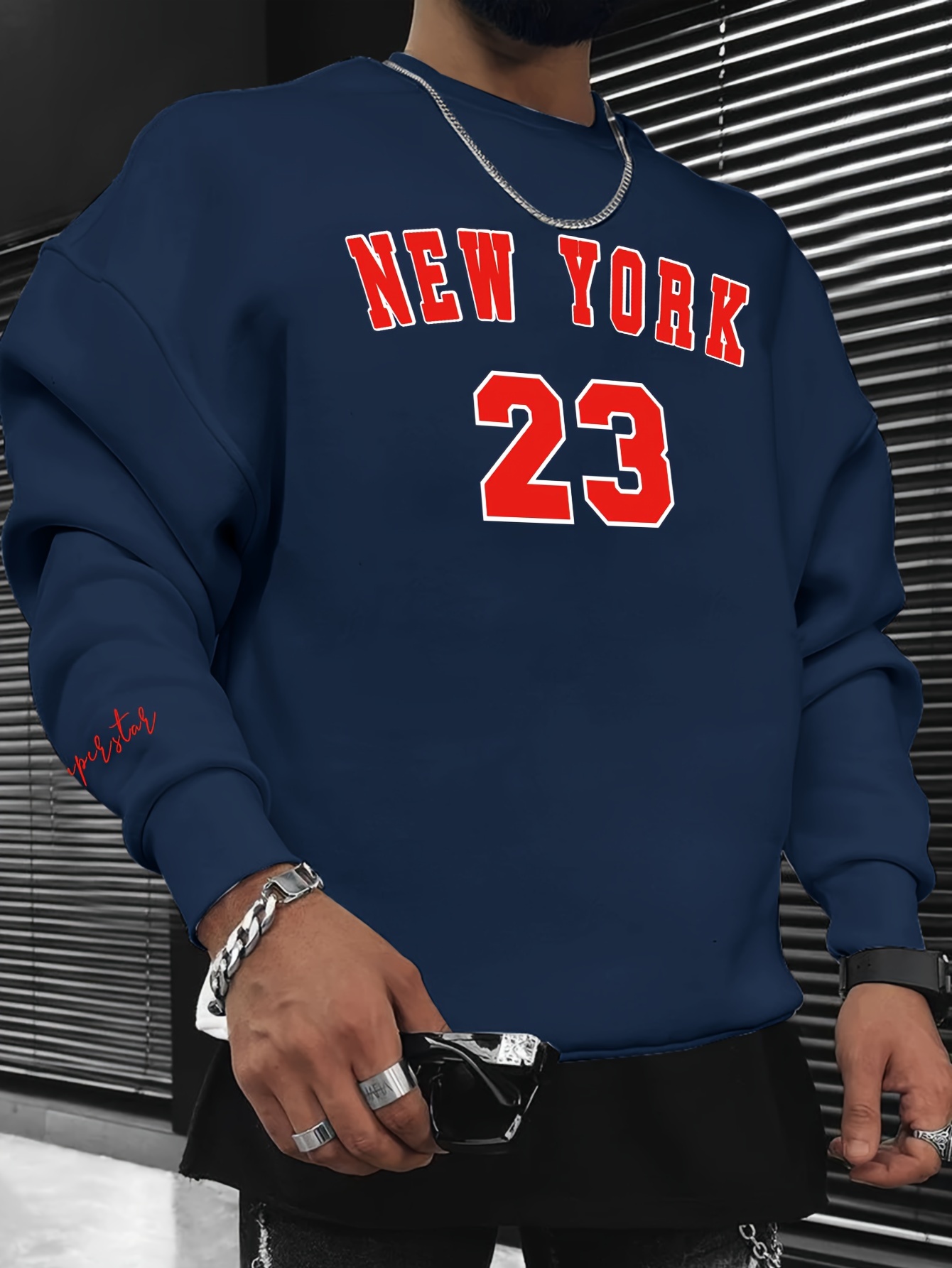 new york 23 print fashionable mens casual long sleeve crew neck pullover sweatshirt suitable for outdoor sports for autumn spring can be paired with hip hop necklace as gifts details 0