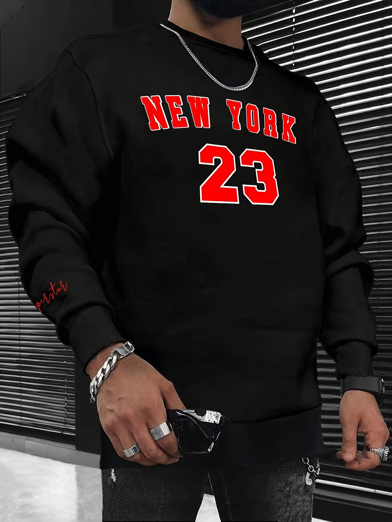 new york 23 print fashionable mens casual long sleeve crew neck pullover sweatshirt suitable for outdoor sports for autumn spring can be paired with hip hop necklace as gifts details 16