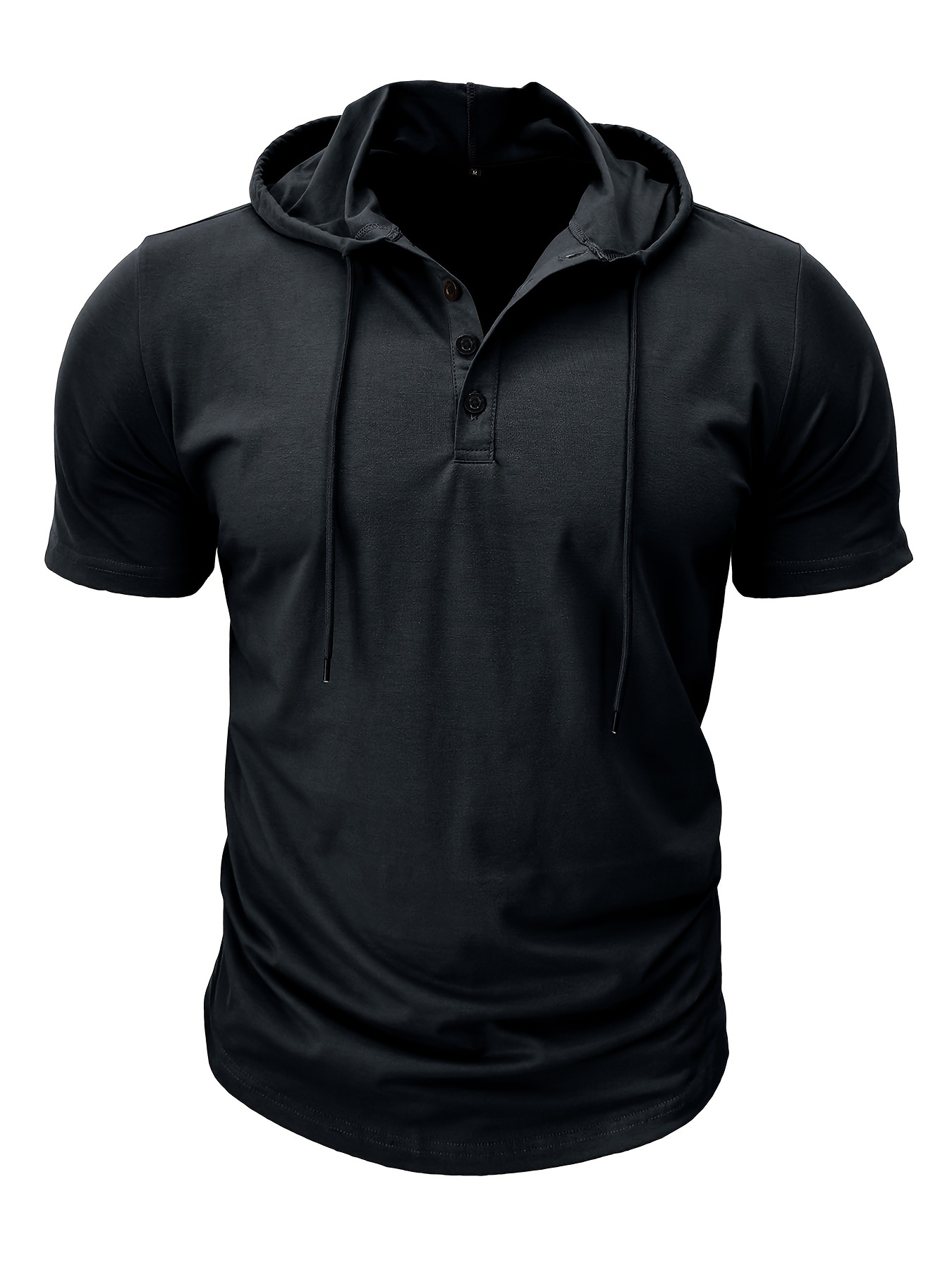 mens solid drawstring hooded short sleeve sports t shirt mens cotton blend henley top for summer outdoor details 10