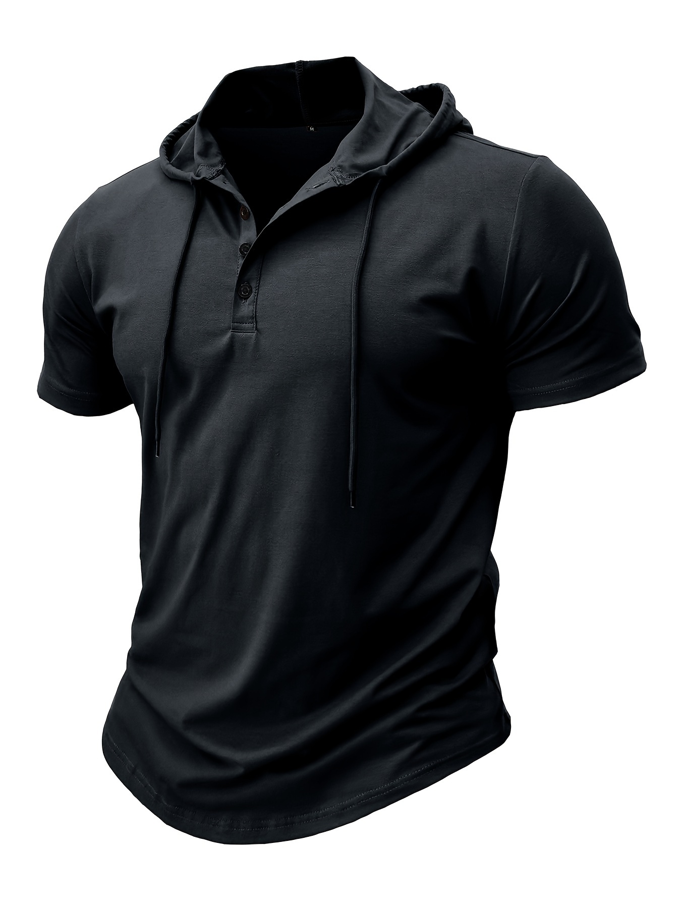 mens solid drawstring hooded short sleeve sports t shirt mens cotton blend henley top for summer outdoor details 11