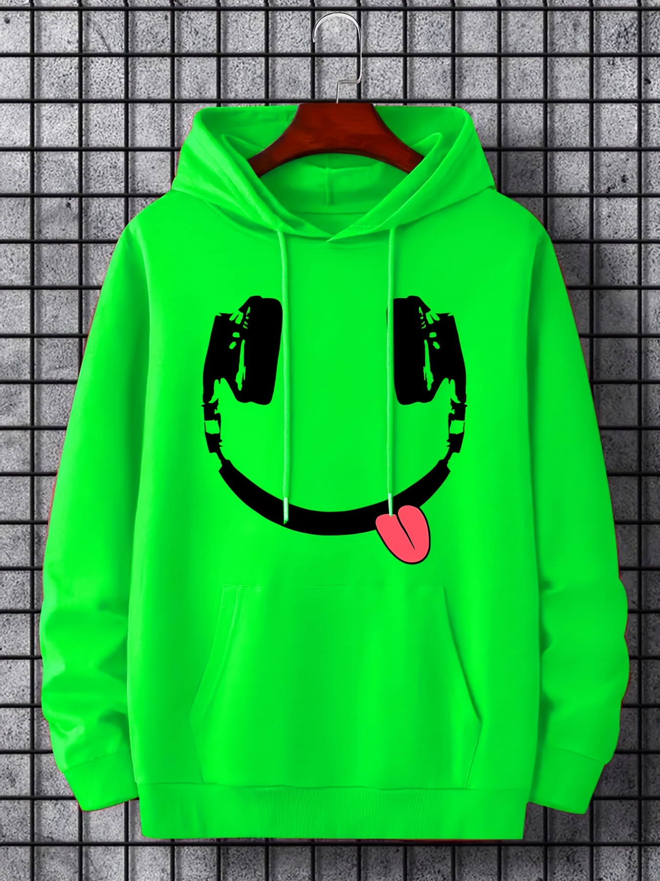 headphone smile print hoodie hoodies for men mens casual graphic design pullover hooded sweatshirt with kangaroo pocket streetwear for winter fall as gifts details 0