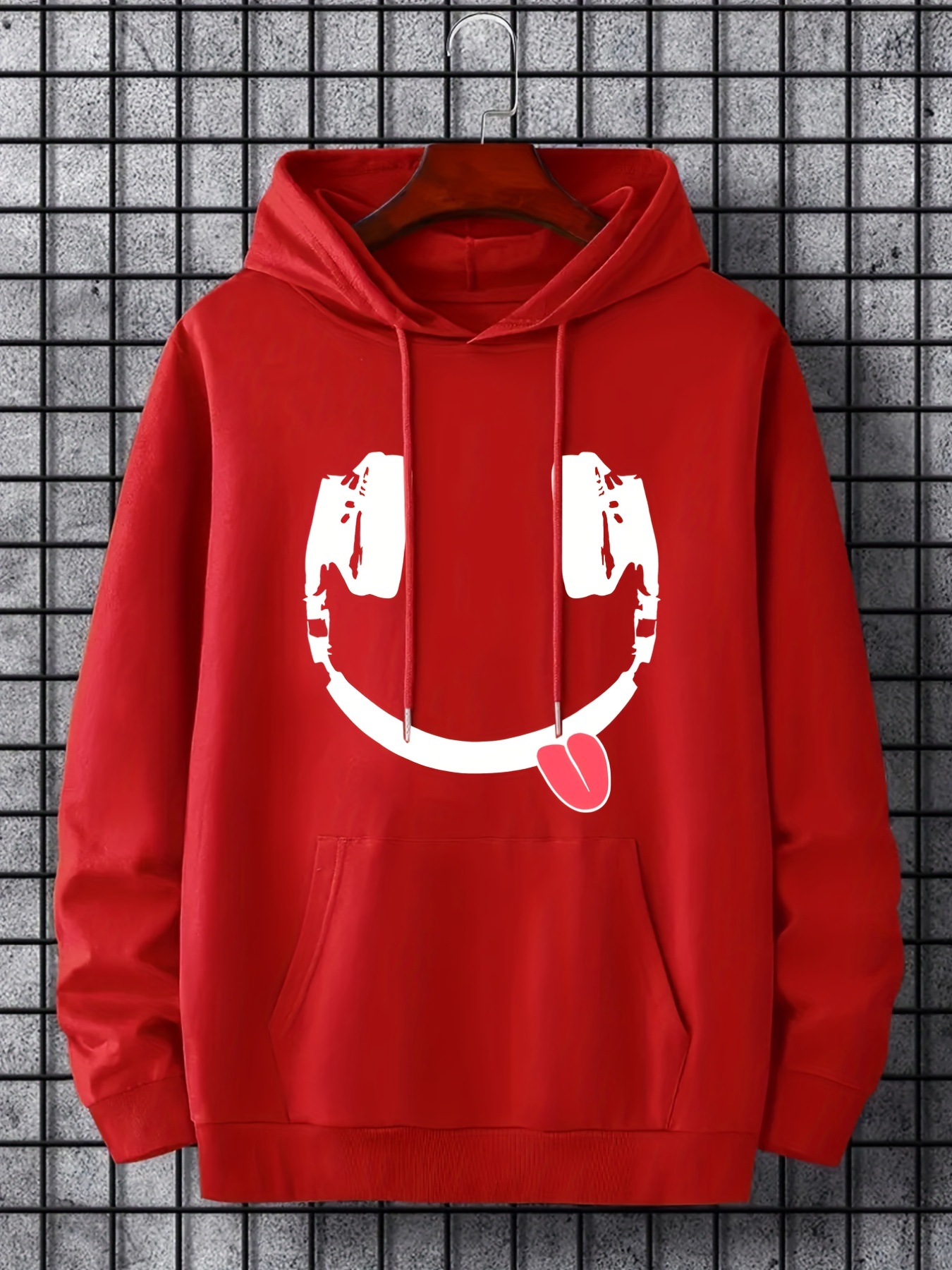 headphone smile print hoodie hoodies for men mens casual graphic design pullover hooded sweatshirt with kangaroo pocket streetwear for winter fall as gifts details 10