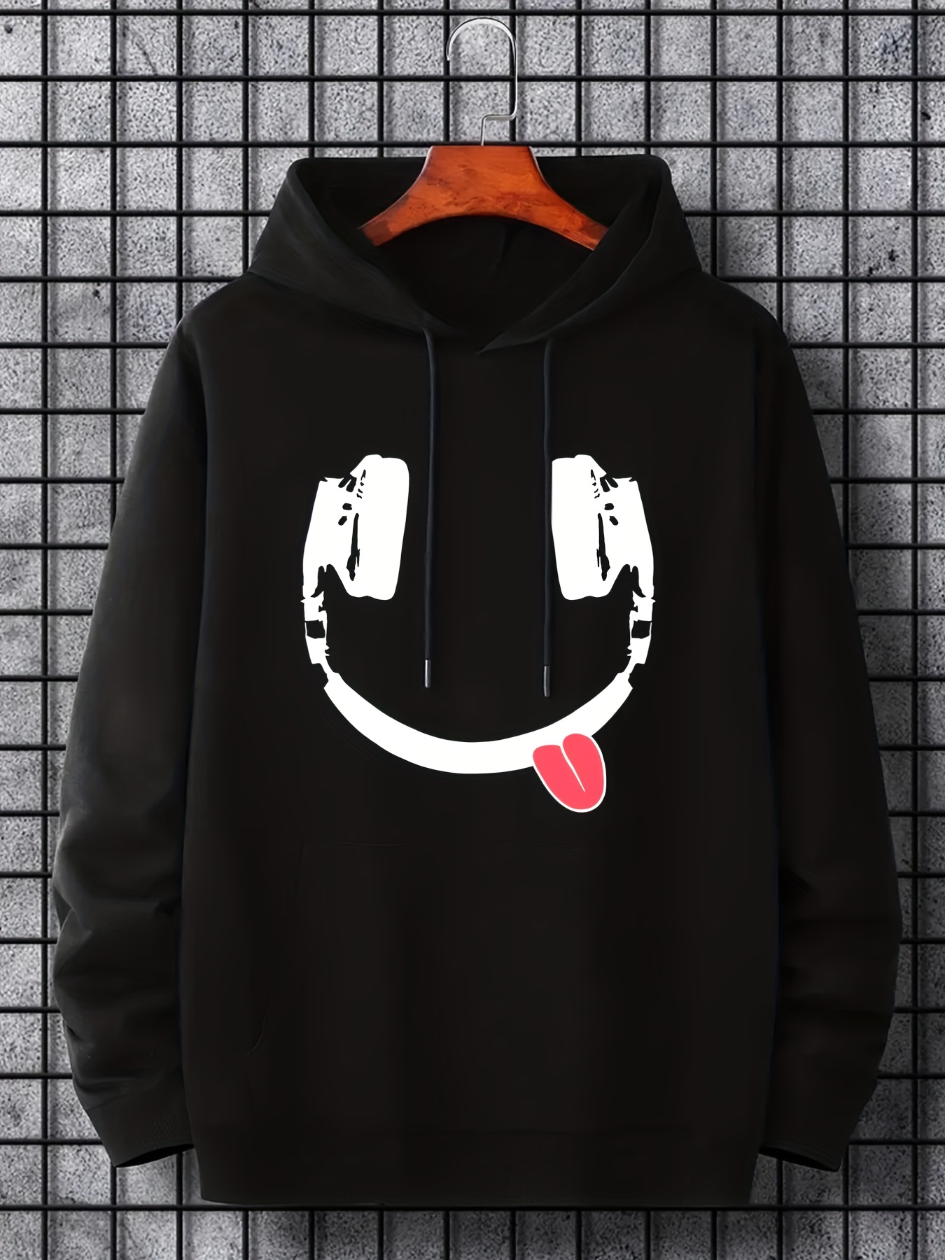 headphone smile print hoodie hoodies for men mens casual graphic design pullover hooded sweatshirt with kangaroo pocket streetwear for winter fall as gifts details 15