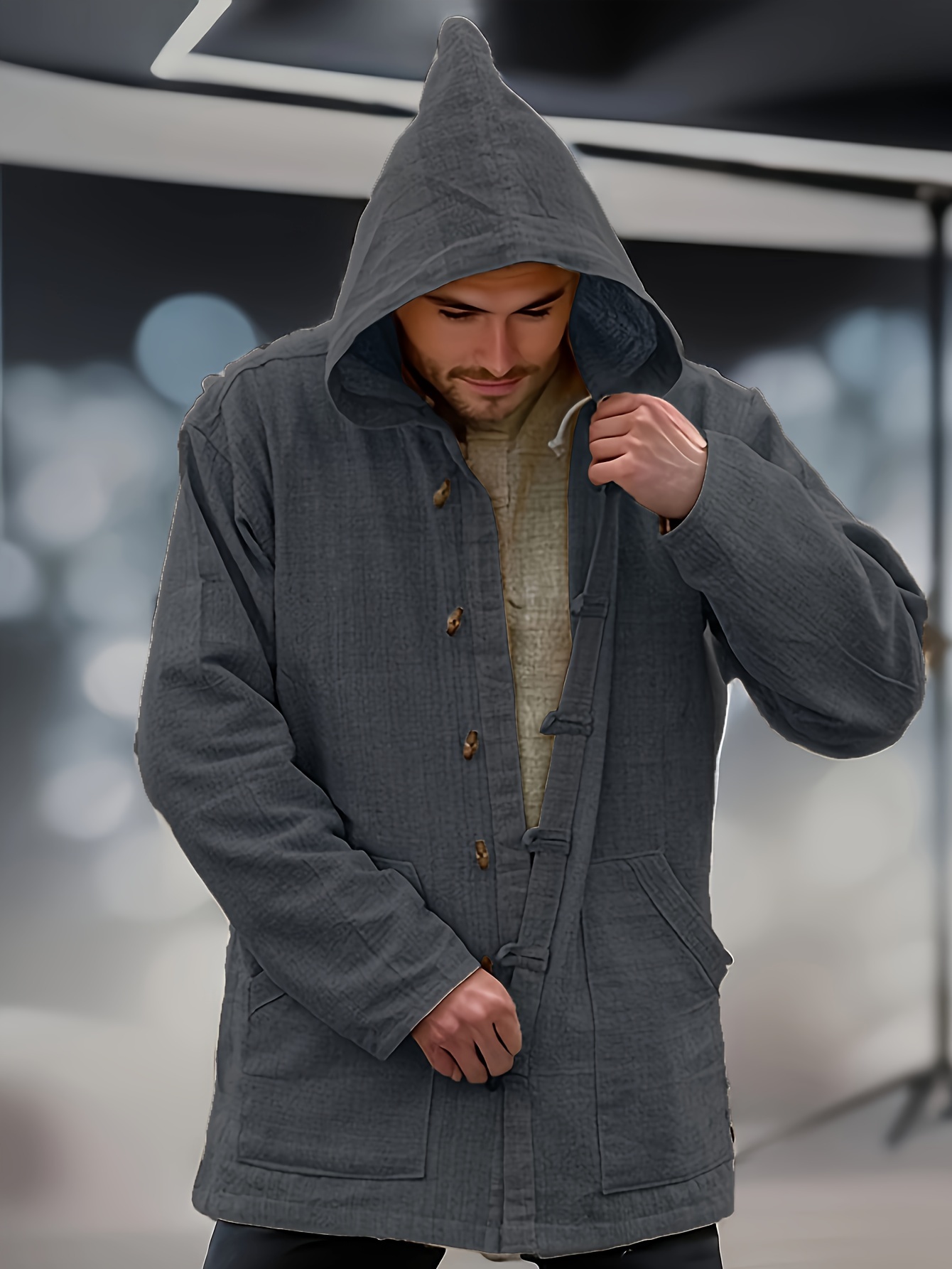 chic design mens solid hooded button up long sleeve coat with pockets casual and comfy pure cotton jacket for outdoors leisurewear details 5
