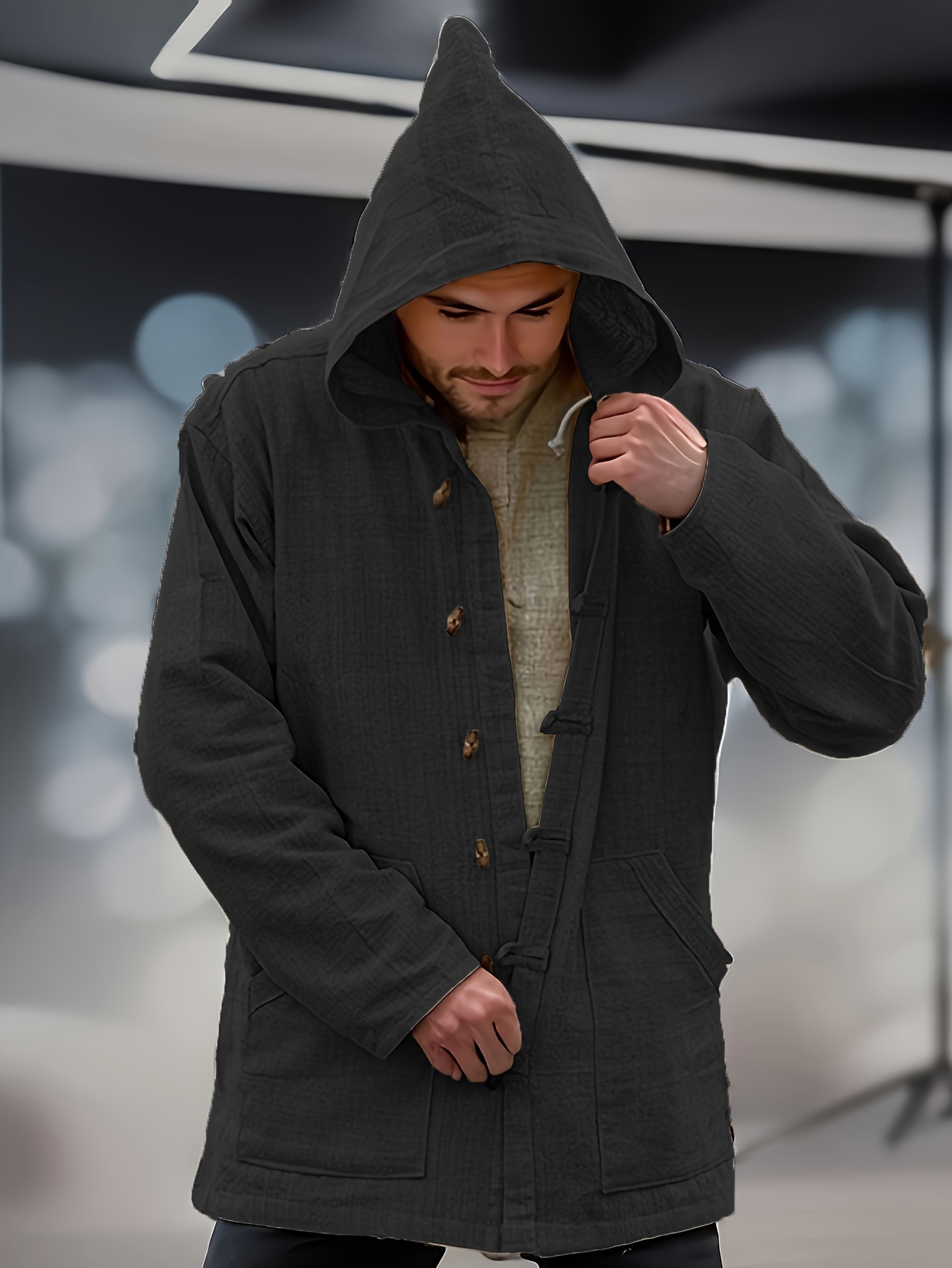 chic design mens solid hooded button up long sleeve coat with pockets casual and comfy pure cotton jacket for outdoors leisurewear details 12