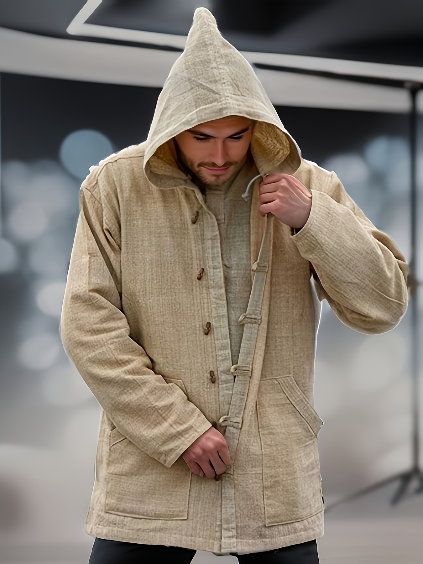 chic design mens solid hooded button up long sleeve coat with pockets casual and comfy pure cotton jacket for outdoors leisurewear details 19
