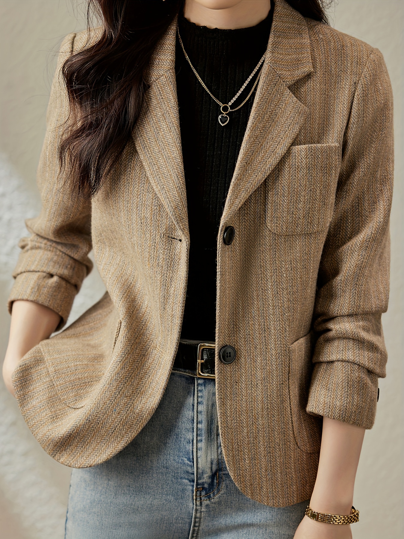 striped single breasted blazer casual lapel long sleeve work office outerwear womens clothing details 1