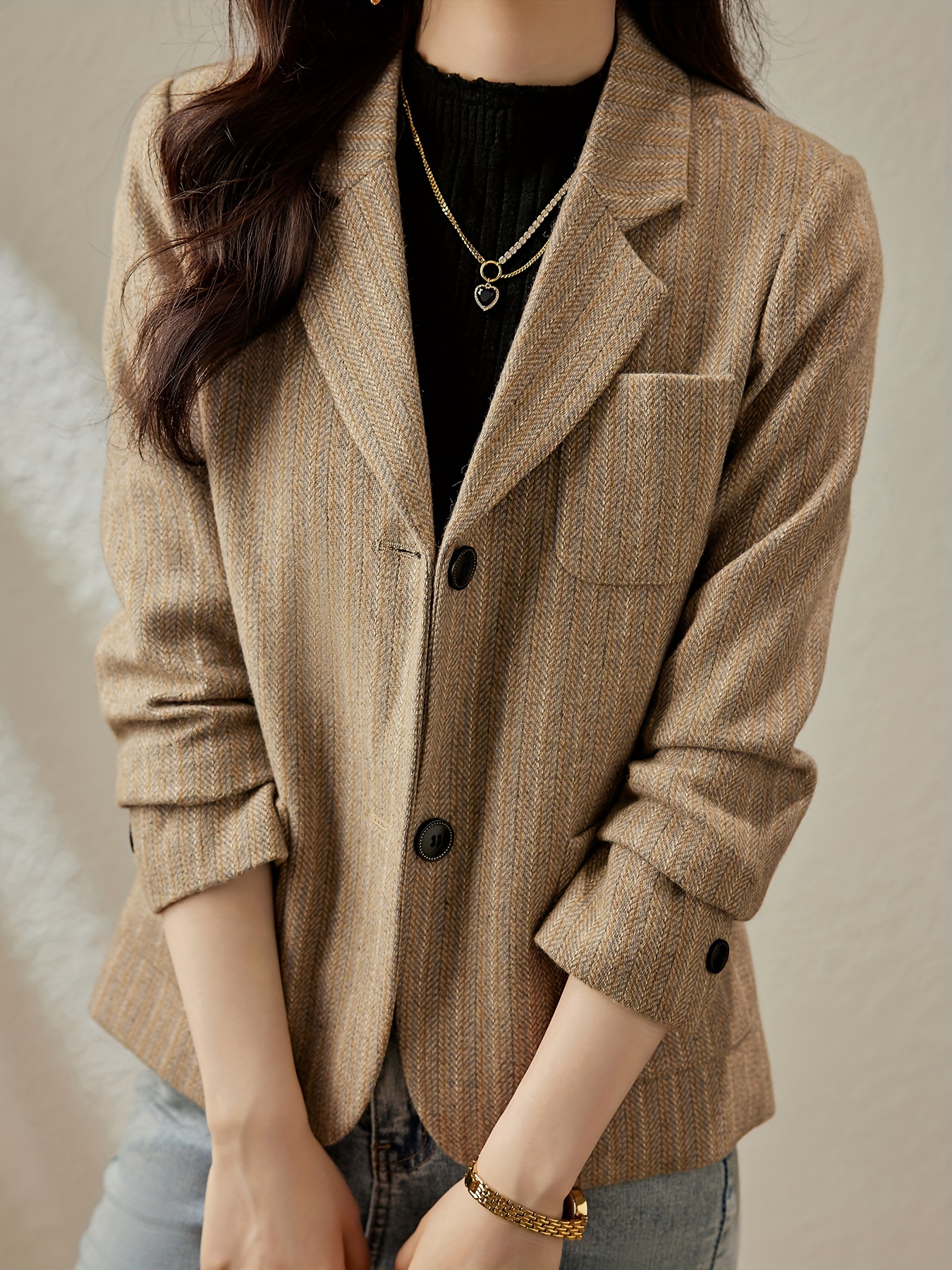 striped single breasted blazer casual lapel long sleeve work office outerwear womens clothing details 2