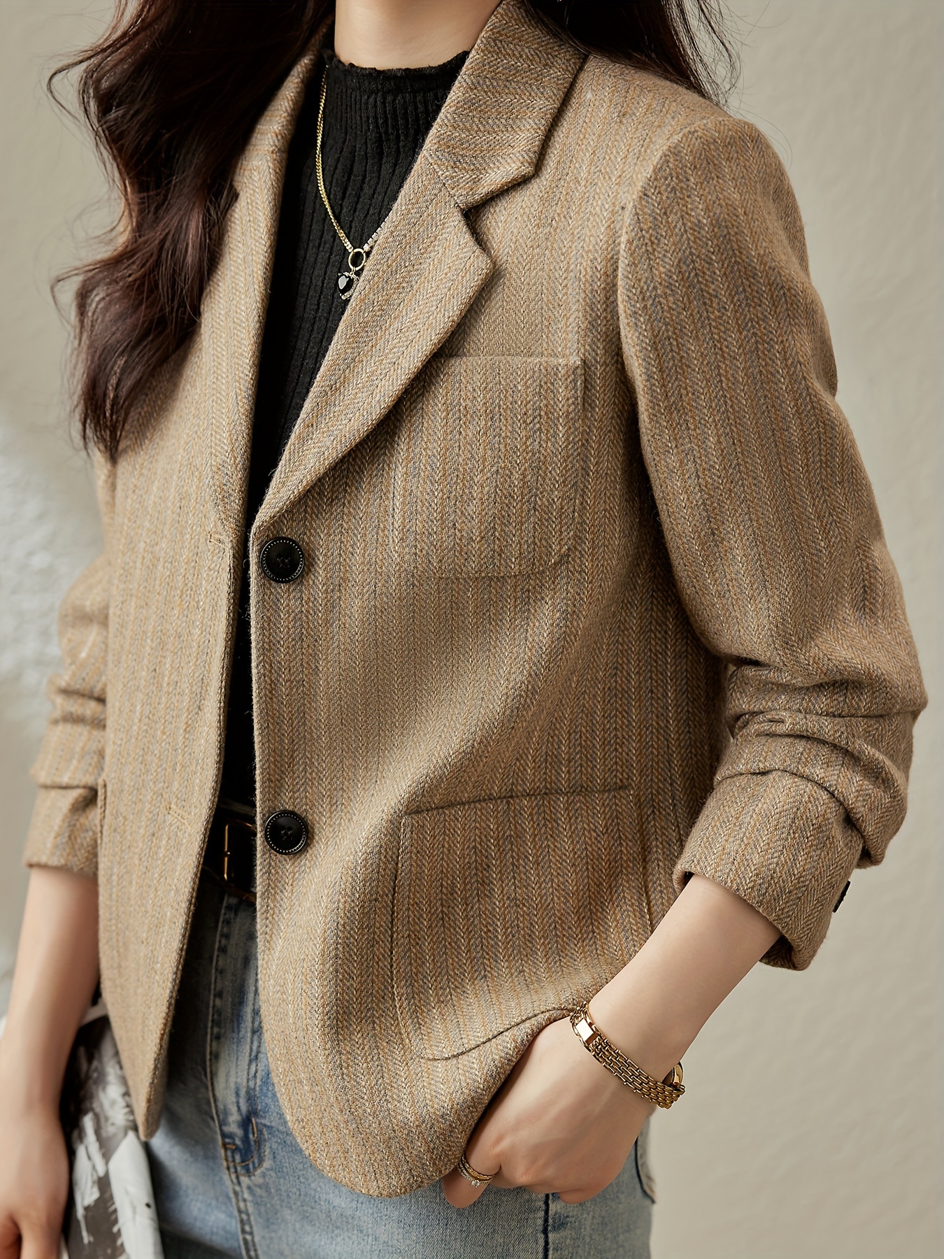 striped single breasted blazer casual lapel long sleeve work office outerwear womens clothing details 3