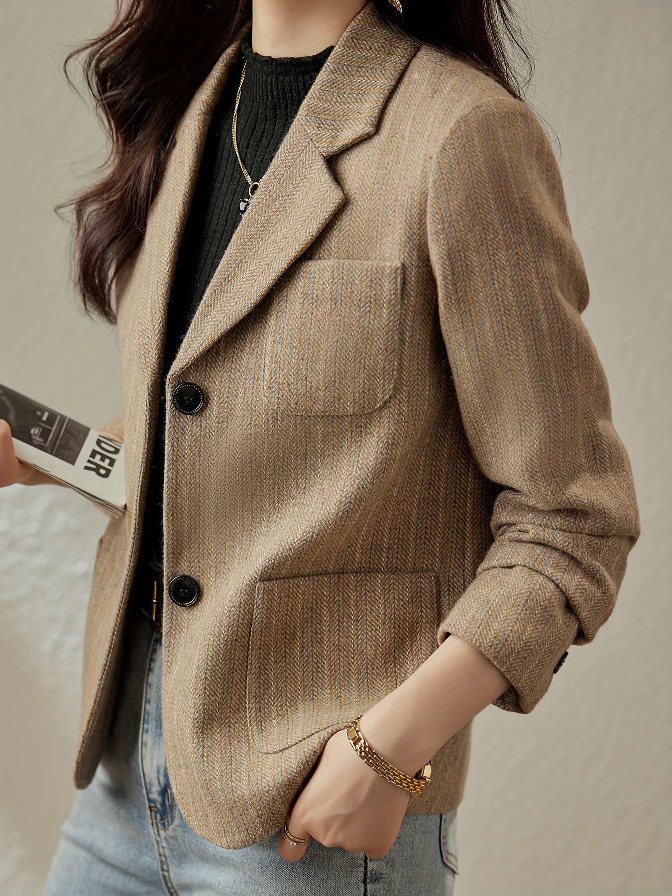 striped single breasted blazer casual lapel long sleeve work office outerwear womens clothing details 4