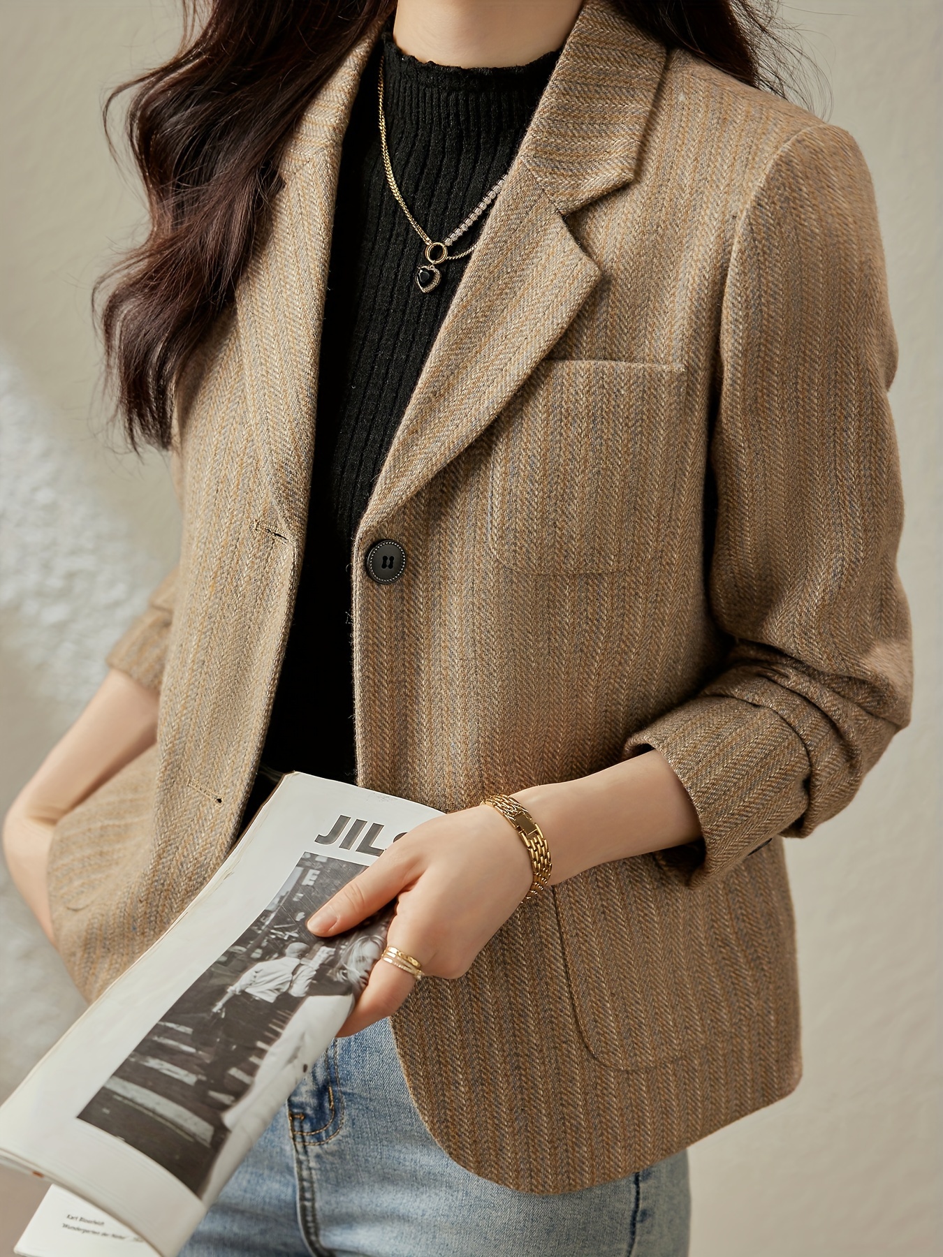 striped single breasted blazer casual lapel long sleeve work office outerwear womens clothing details 5