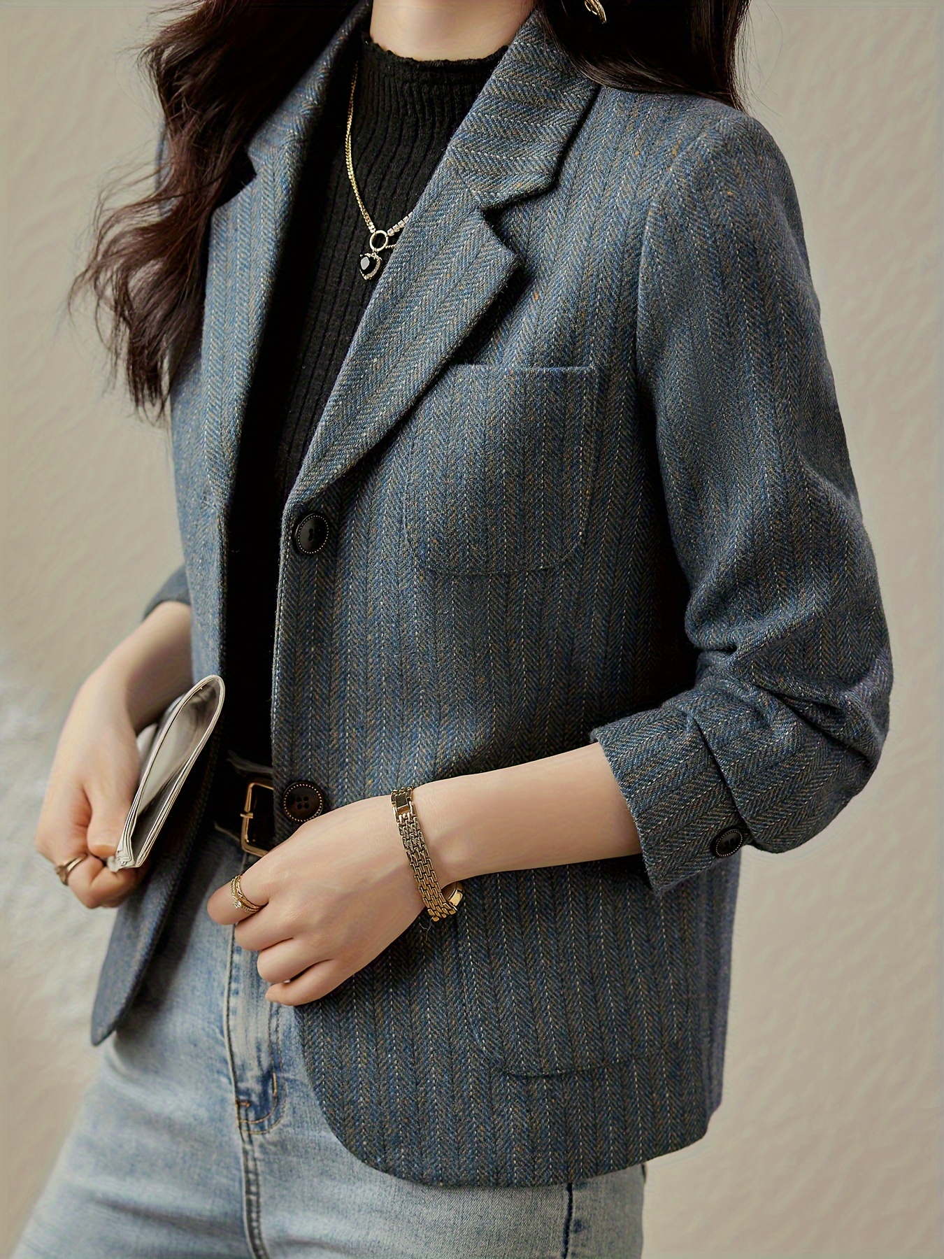 striped single breasted blazer casual lapel long sleeve work office outerwear womens clothing details 10