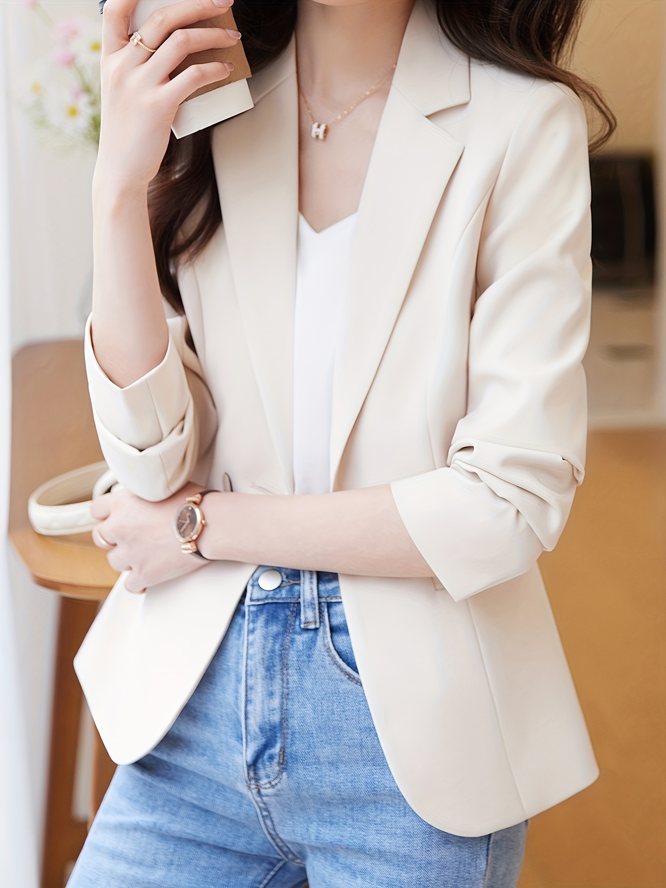 solid button front blazer casual long sleeve lapel blazer womens clothing details 1