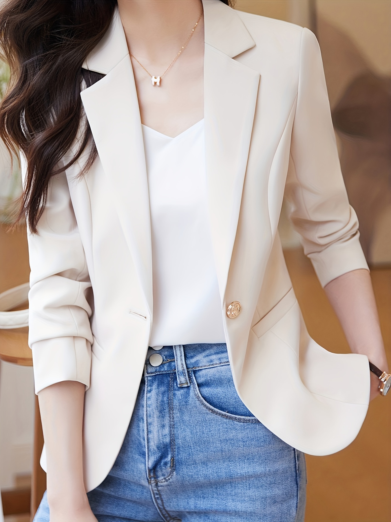 solid button front blazer casual long sleeve lapel blazer womens clothing details 2