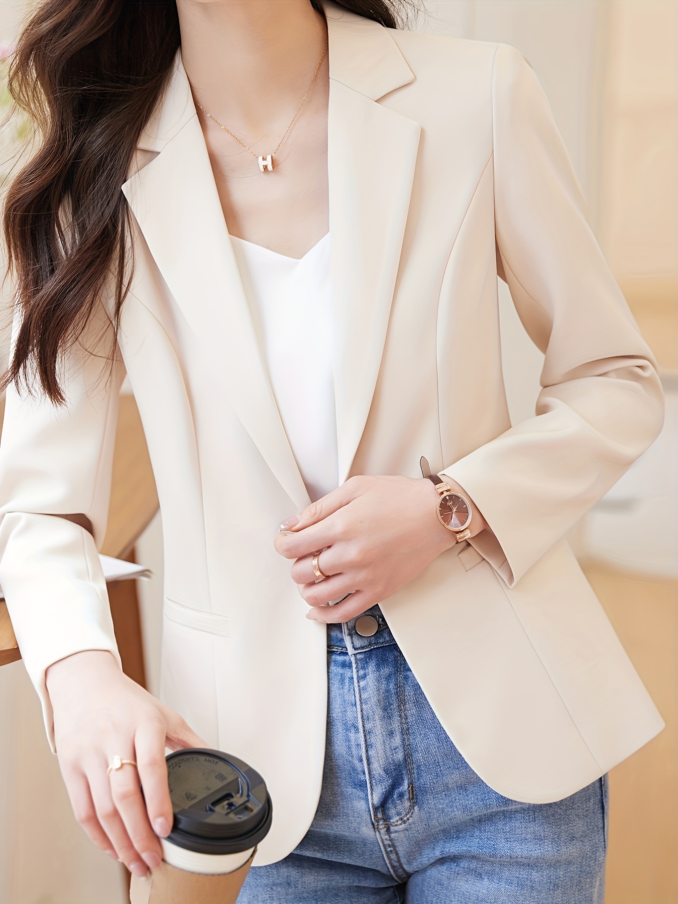 solid button front blazer casual long sleeve lapel blazer womens clothing details 4